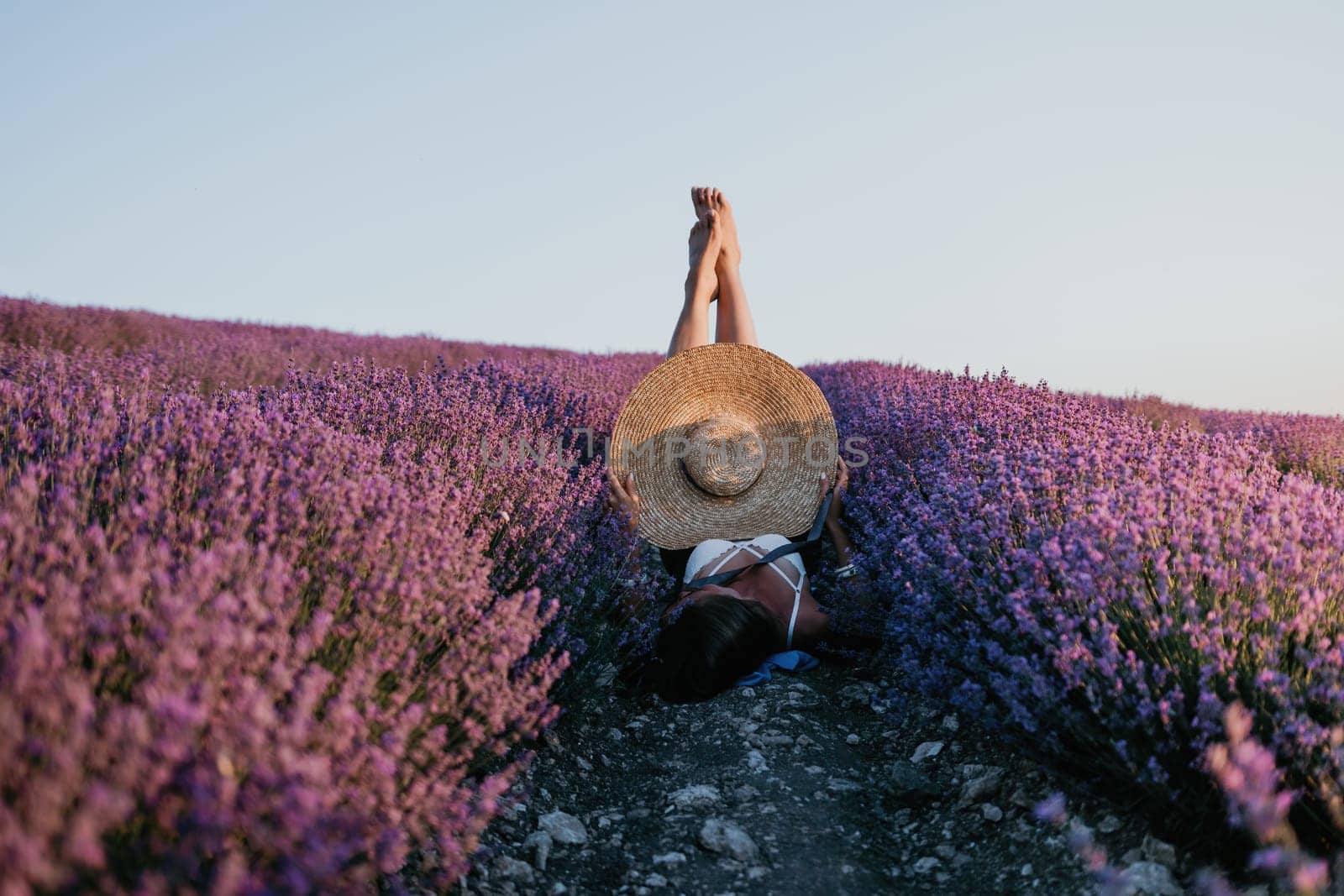 Woman lavender field. Happy carefree Woman legs stick out of the lavender bushes, warm sunset light. Bushes of lavender purple in blossom, aromatic flowers at lavender fields. by panophotograph