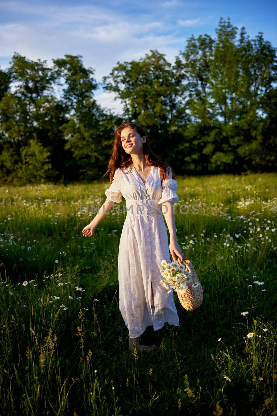 a beautiful, happy woman in a light dress stands in a chamomile field in the rays of the setting sun. High quality photo