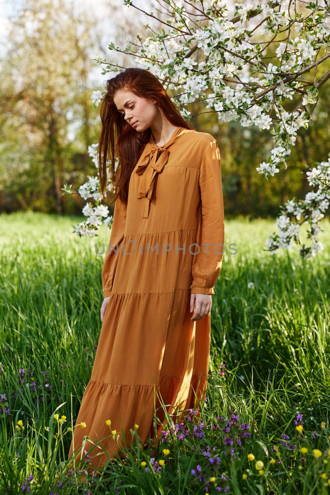 a slender, sweet woman stands in a long orange dress in the tall grass near a flowering tree and looks away, and her dress is developing in a light wind by Vichizh