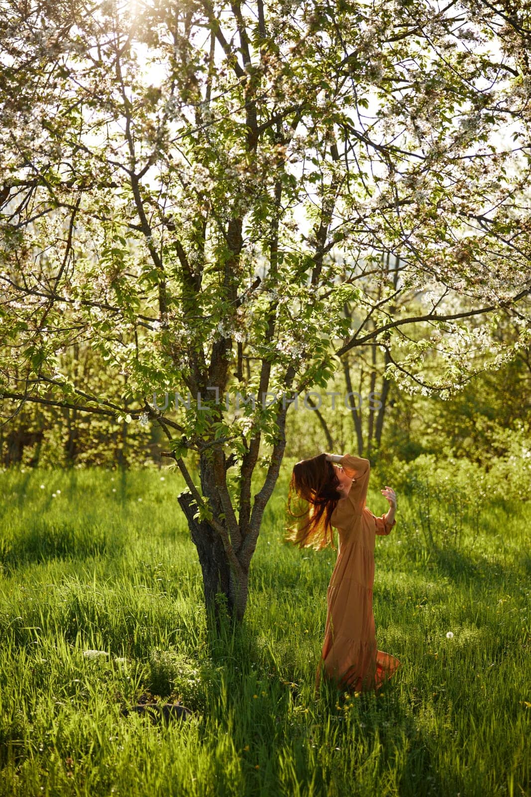 a beautiful, joyful woman stands in a long orange dress, in the countryside, near a tree blooming with white flowers, during sunset, illuminated from behind and touches her long hair. High quality photo