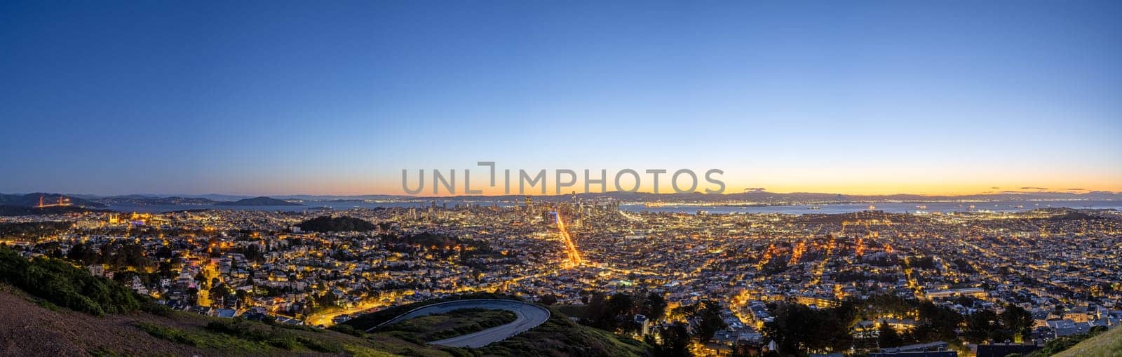 Panorama of the skyline of San Francisco in California before sunrise