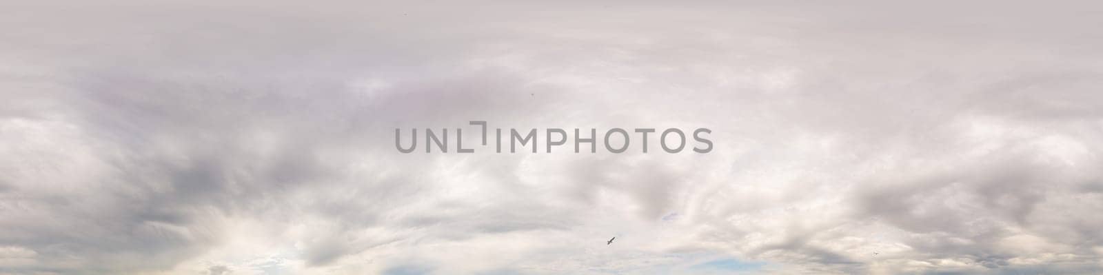 Dramatic overcast sky panorama with dark gloomy Cumulonimbus clouds. HDR 360 seamless spherical panorama. Sky dome in 3D, sky replacement for aerial drone panoramas. Weather and climate change