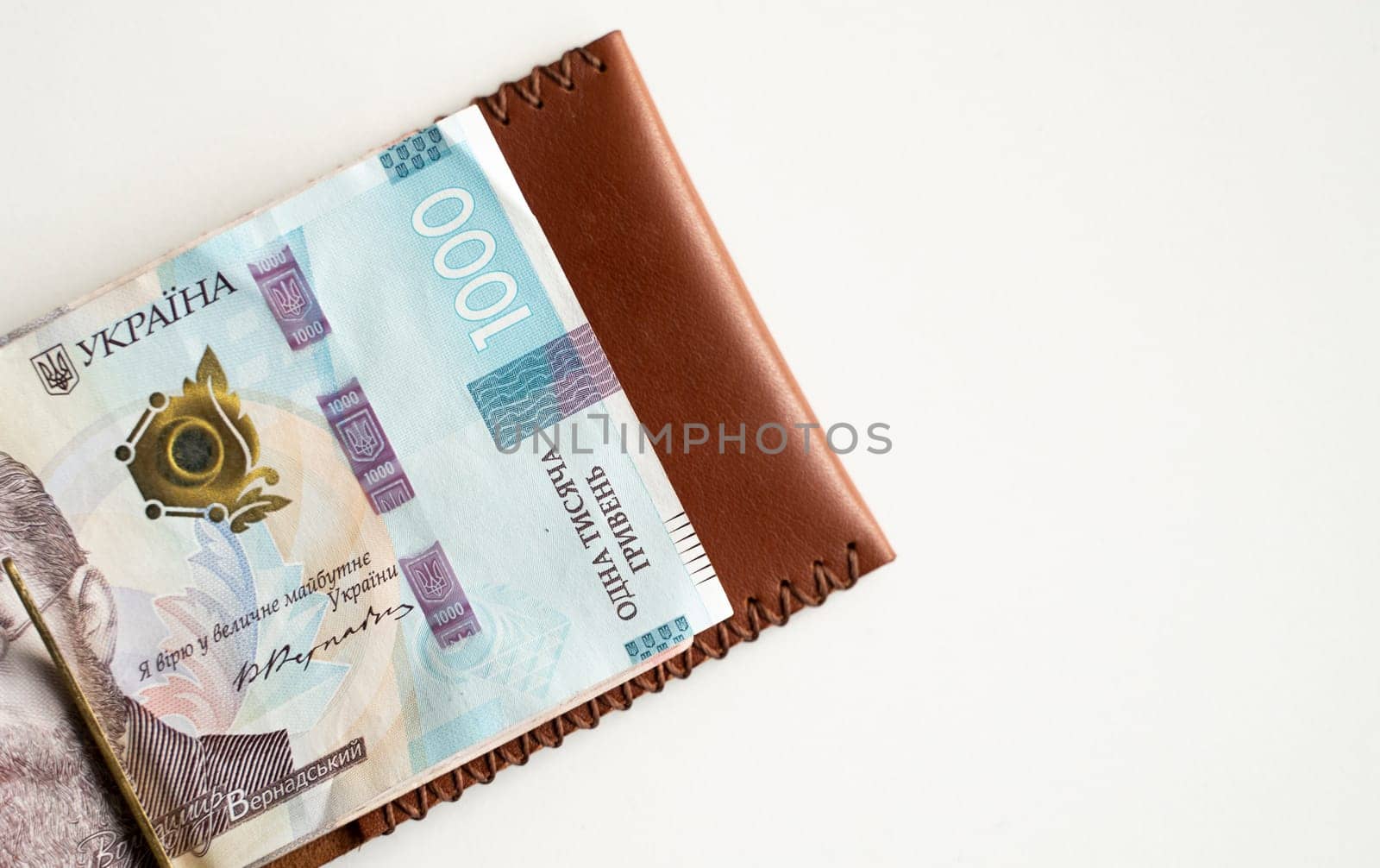 Brown leather money clip, purse with ukrainian hryvnia banknotes. Men's genuine leather wallet. Accessories. Money, financess, economy, saving. by vovsht