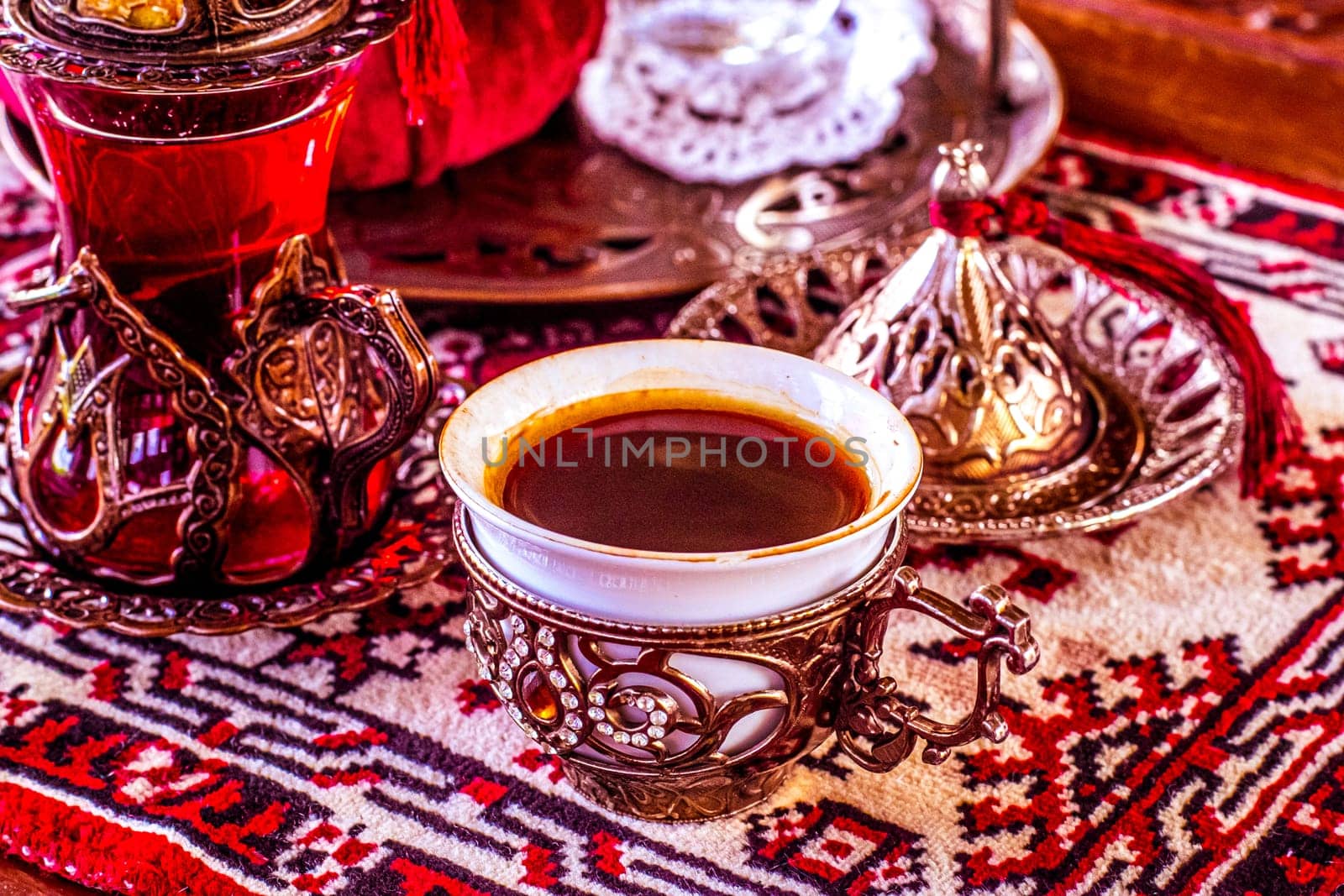 Turkish tea and sweets in decorative ware, candies