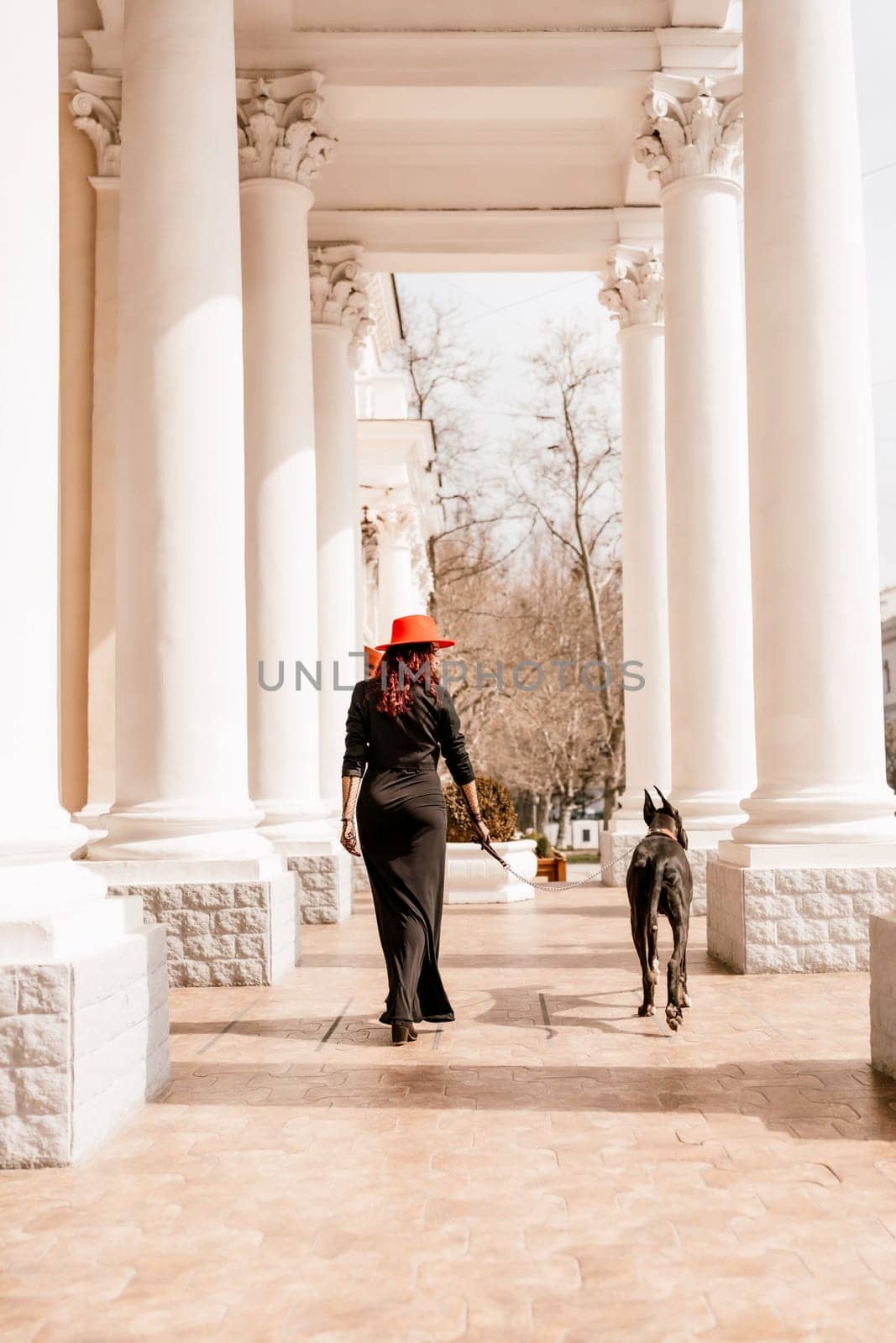 A photo of a woman and her Great Dane walking through a town, taking in the sights and sounds of the urban environment.