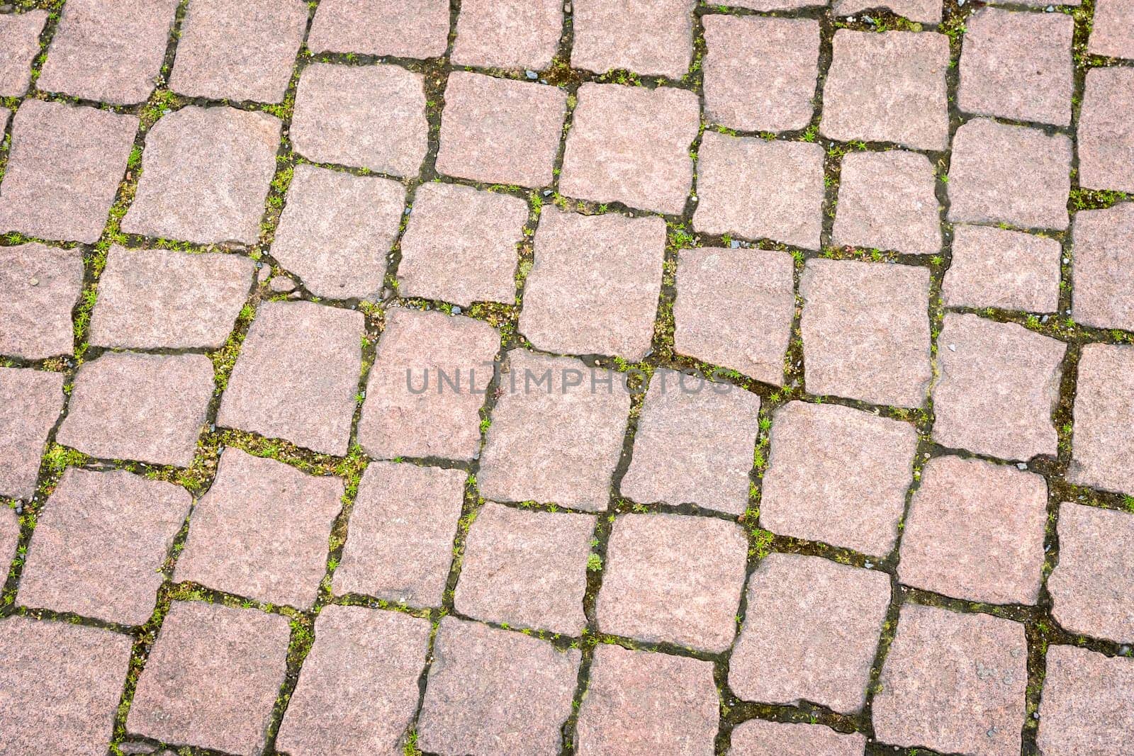 The road is paved with decorative stone. The old road of granite paving stones.
