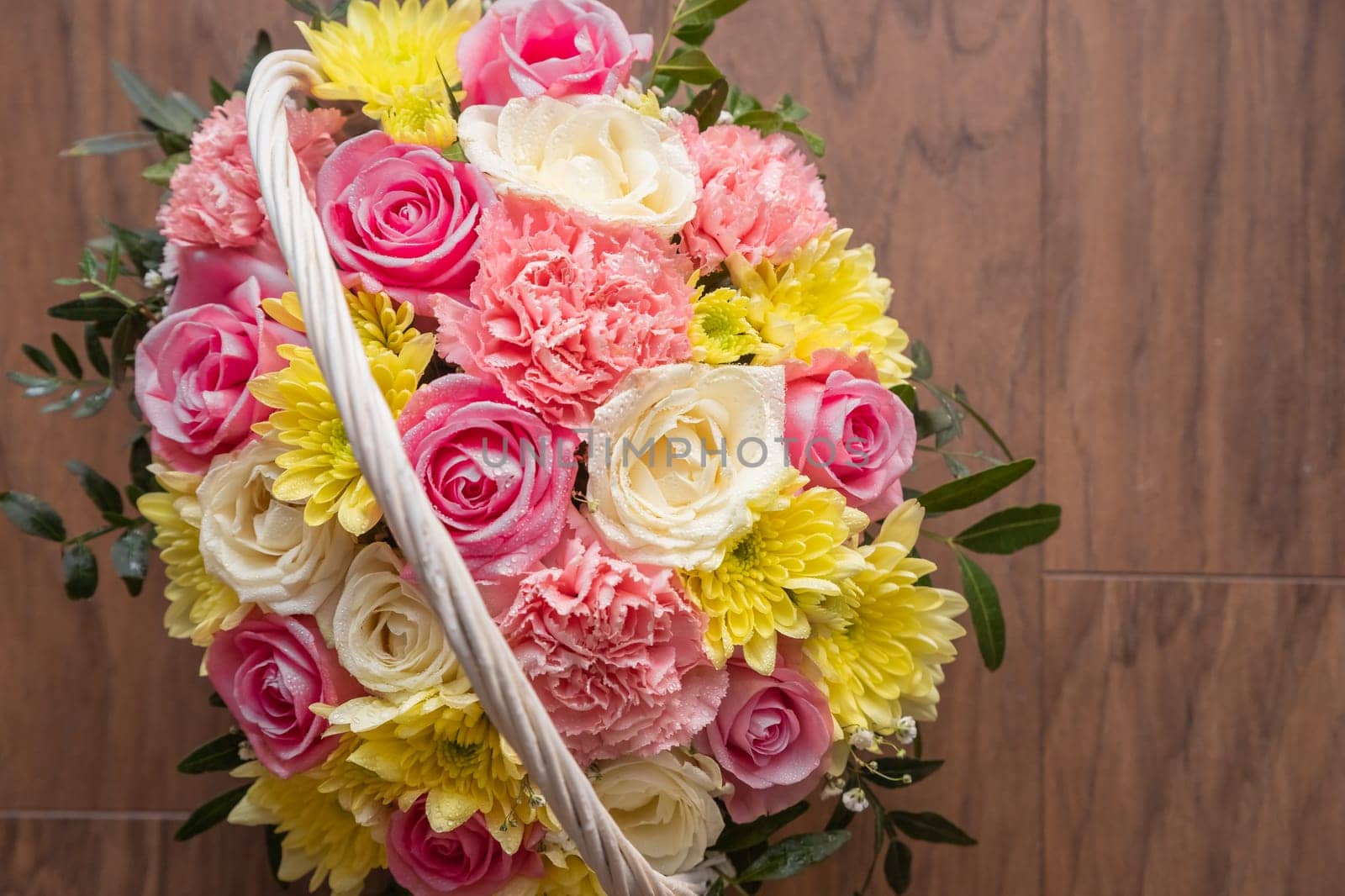 Background of beautiful bouquet of rose and chrysanthemums flowers. Backdrop for holiday, birthday,