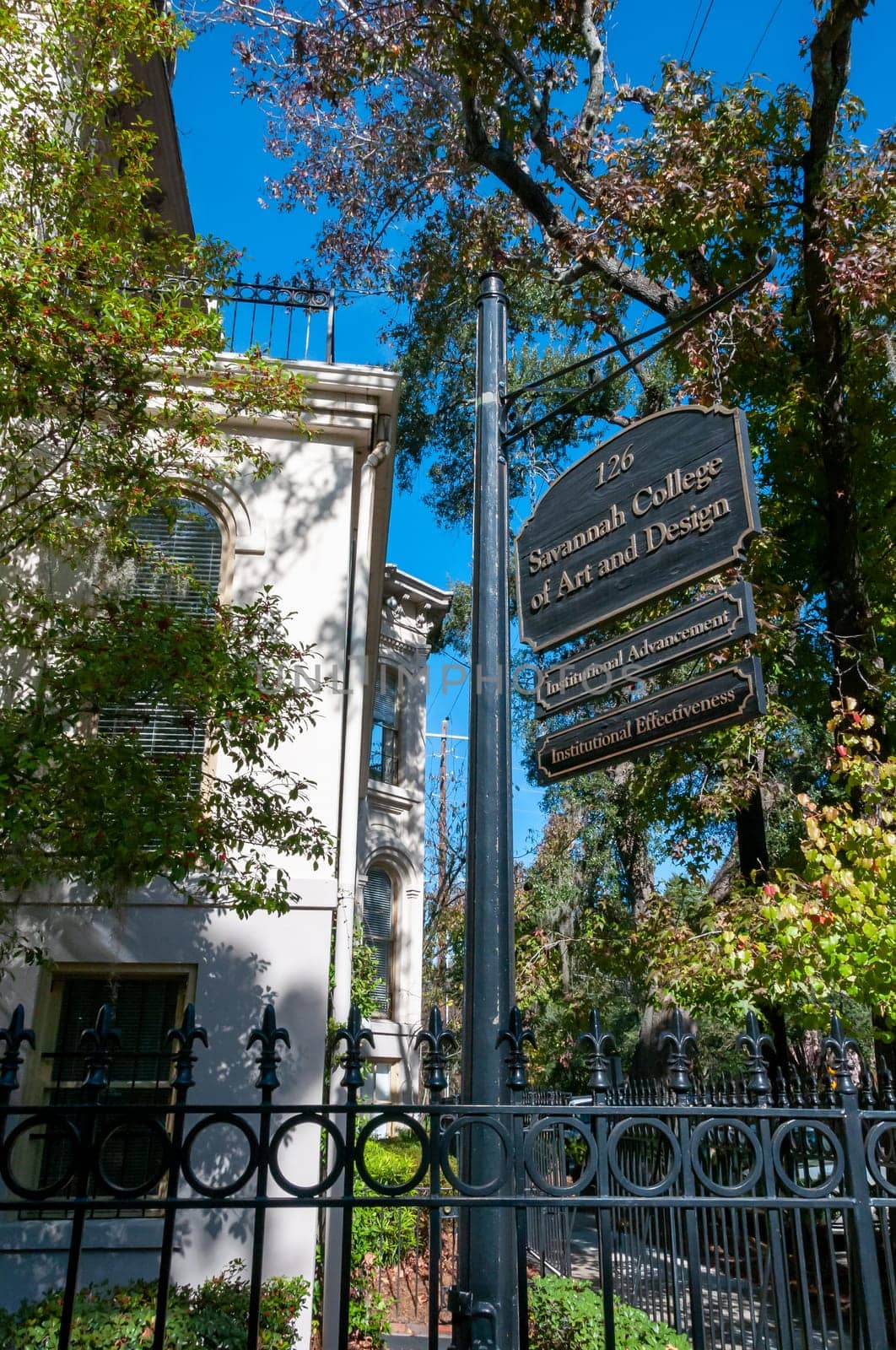 SAVANNAH, USA - DECEMBER 02, 2011: An informational sign that says "Savannah College of Art and Design" outside the college building