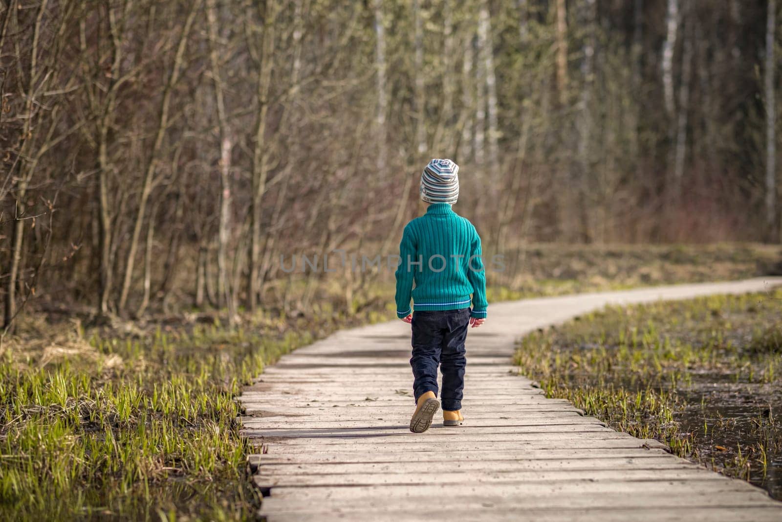 A boy walks along a path in a green park. The path is a bridge over the lake. Long wooden flooring