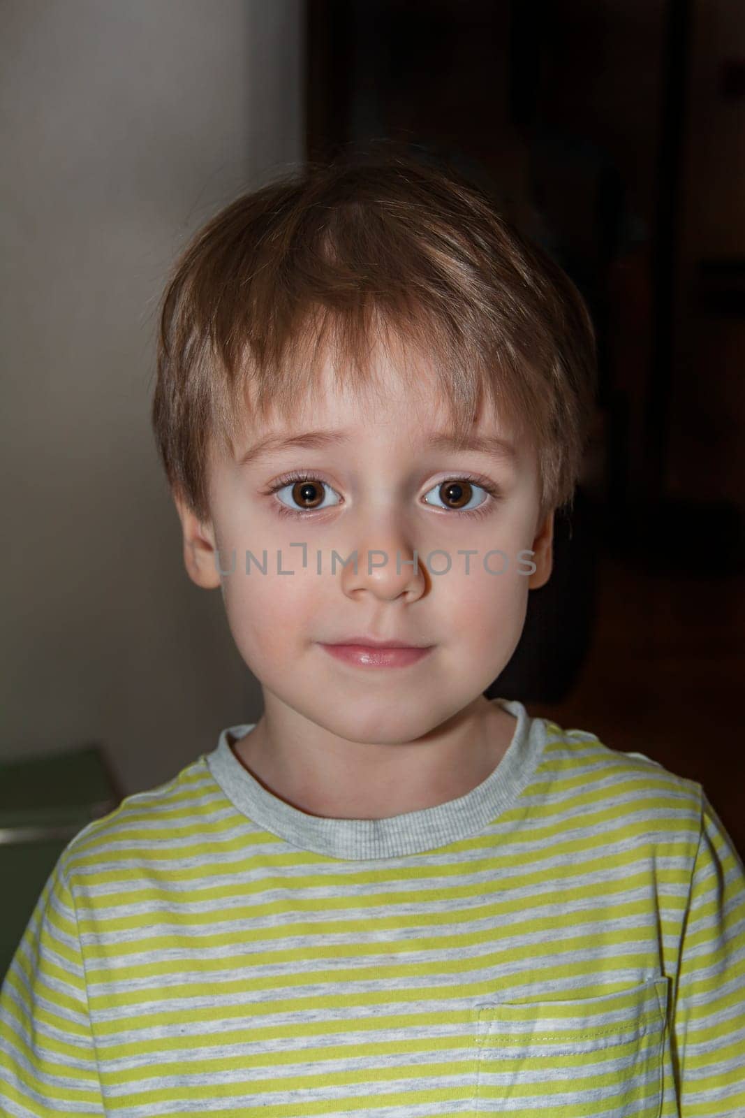 A cute boy in a striped T-shirt. Portrait of a blond boy in a natural setting. The face expresses natural emotions. Not staged photos from nature.