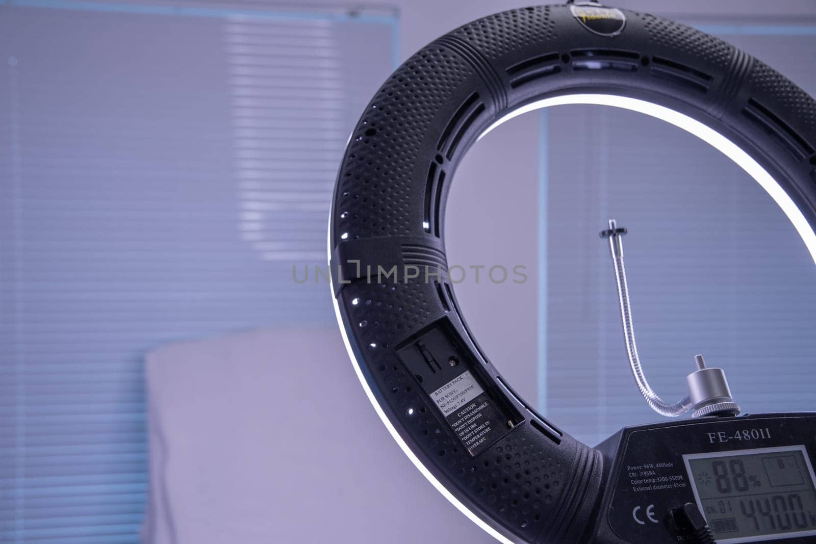circular neon LED lamp in a beauty salon, Popular modern light for make-up and beauty care. High quality photo