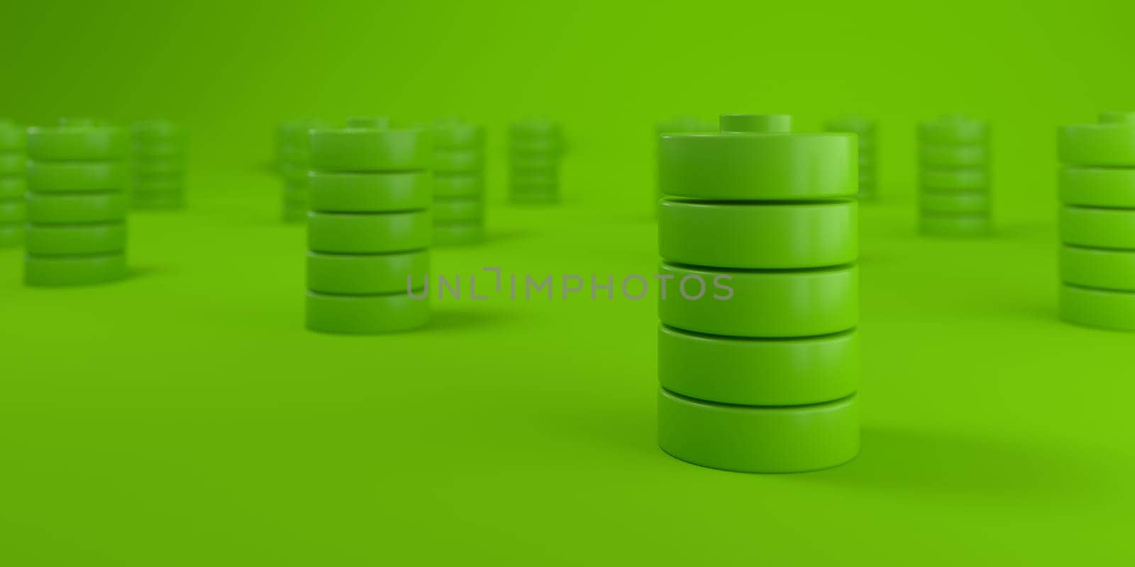 Grid of Batteries on green background. Sustainability concept. 3D rendering.