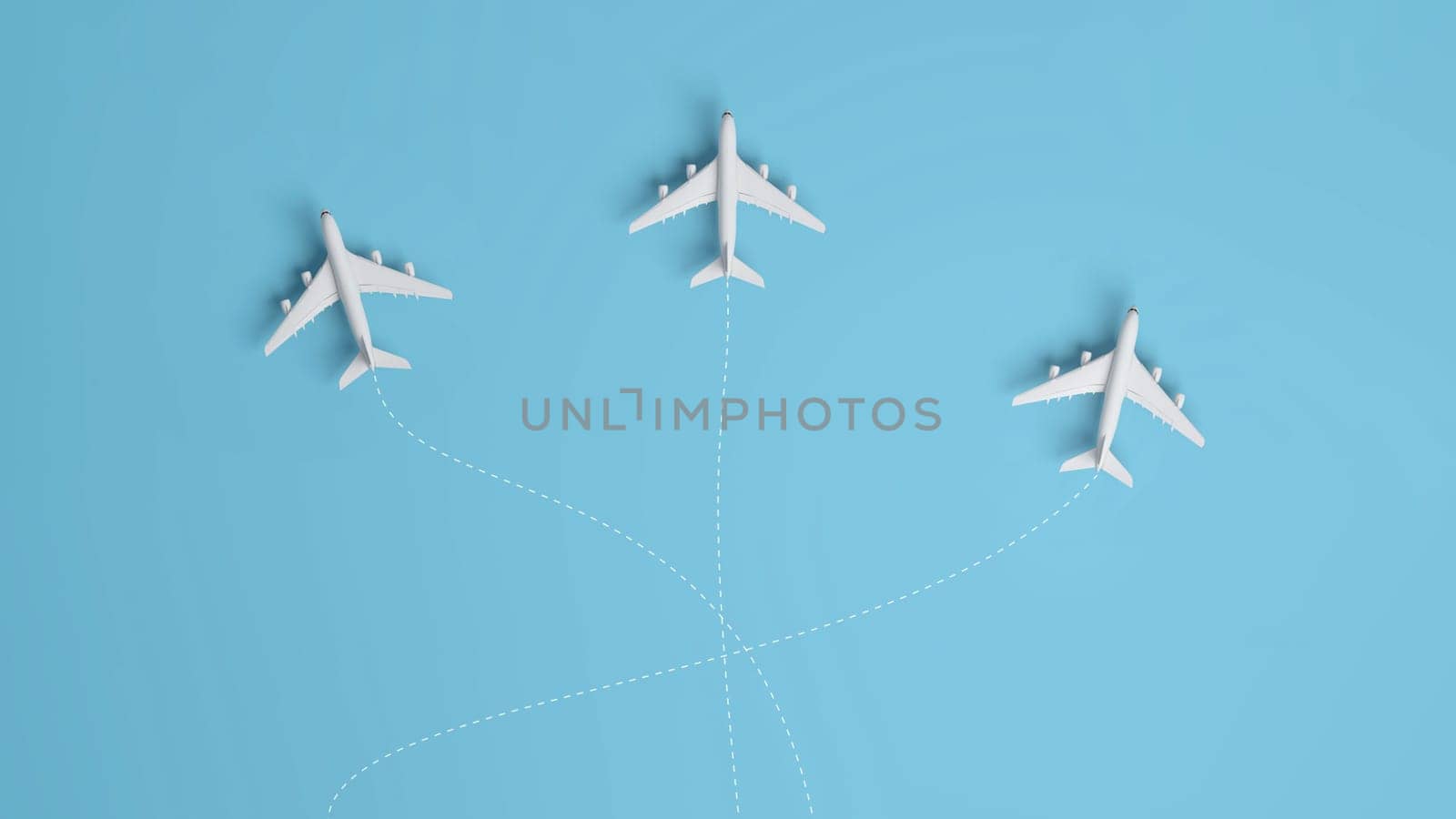 Aircraft travelling to different destinations on blue background and trail. 3D rendering.