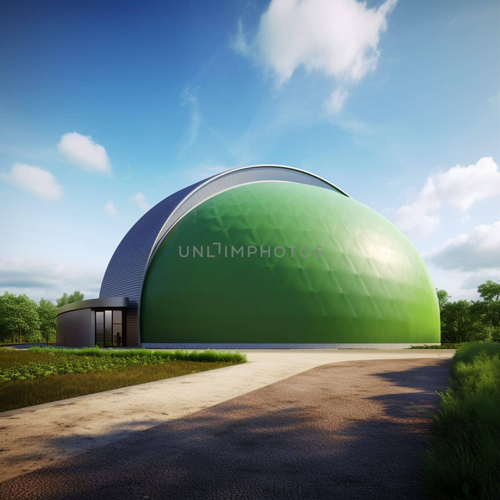 Explore the innovative design of a small-scale waste-to-energy facility that uses anaerobic digestion to produce biogas with this striking image. The unique design of the facility highlights the beauty of sustainable construction and promotes waste reduction and renewable energy production. The camera angle and lighting emphasize the colors and textures of the materials used in the construction, further highlighting the beauty of the structure. The facility can process organic waste such as food scraps and agricultural waste to produce clean, renewable biogas, demonstrating the potential for waste-to-energy technology to reduce waste and promote sustainability.