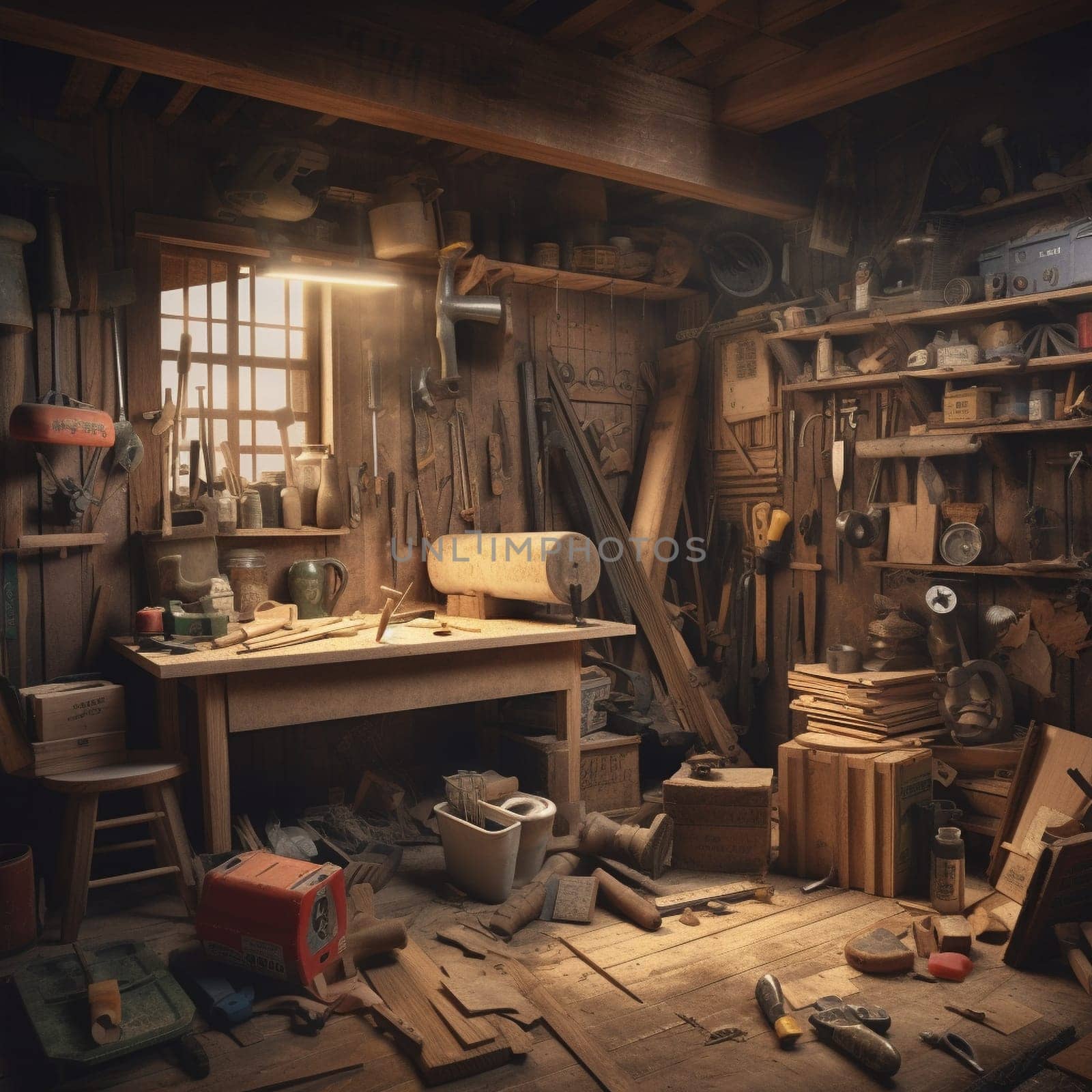 This woodworking workshop scene image captures the chaos and creativity of a busy woodworking workshop by showcasing the different tools, materials, and projects in progress. The proper lighting and composition techniques create a visually engaging scene that highlights the dynamic environment of a woodworking workshop.