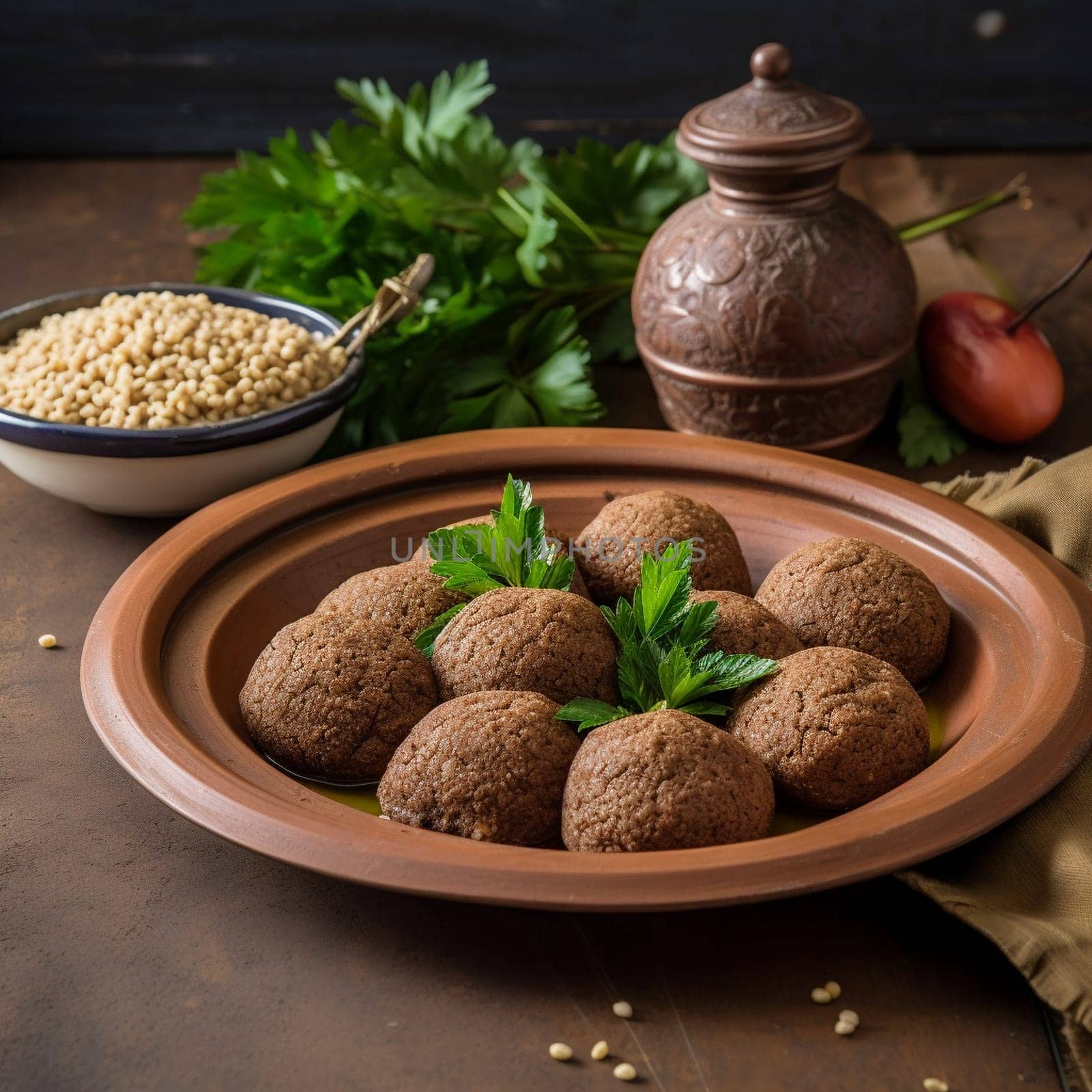 Enjoy the authentic taste of Syrian cuisine with this plate of freshly made Kibbeh, featuring a blend of ground meat and bulgur wheat. Served with traditional ceramic plates and a fresh salad, this dish is sure to satisfy your taste buds.