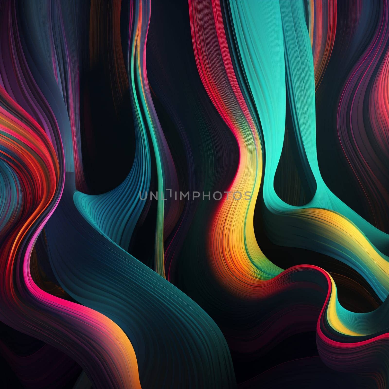 This abstract wallpaper features a series of soft, flowing lines, all rendered in neon colors. The lines overlap and blend together, creating a sense of depth and movement.