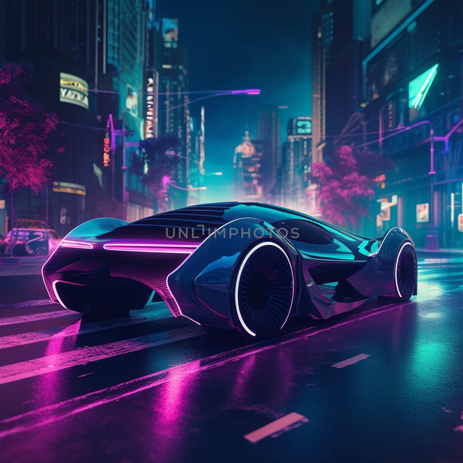 This image features a sleek and modern futuristic car speeding through a neon-lit city. The car is highlighted with bright neon lights that glow along its edges and in its wheels. The city is also illuminated with neon lights, giving it a futuristic and vibrant atmosphere. The overall effect is both dynamic and futuristic, with a strong emphasis on color and form.