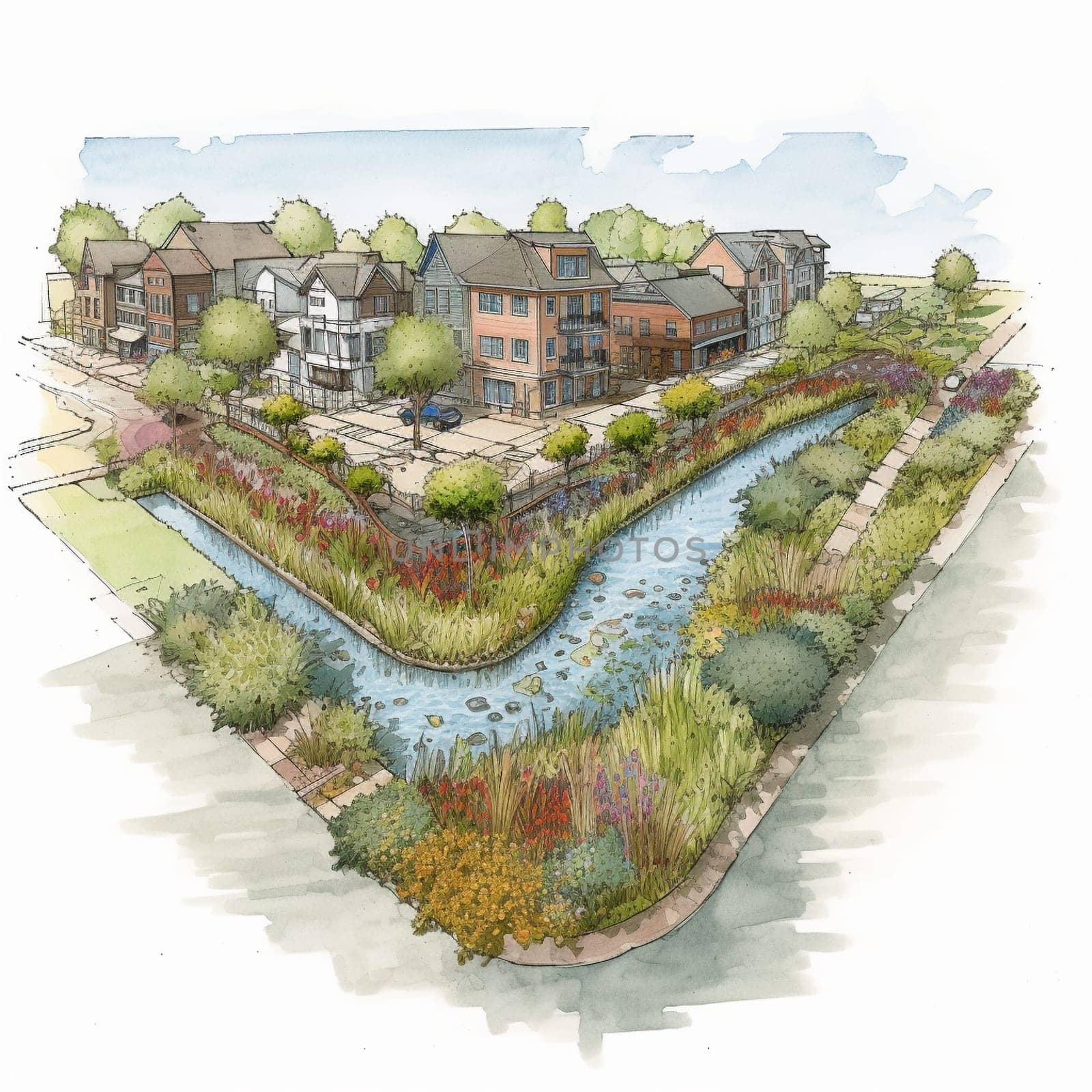This image depicts a development project that incorporates water-friendly land use practices such as green roofs, permeable pavement, and rain gardens. It highlights the role of land use planning in water conservation. Land use planning plays a critical role in protecting water resources and promoting sustainable development. Water-friendly land use practices such as green roofs, permeable pavement, and rain gardens can help to reduce stormwater runoff and preserve water quality. By promoting water-friendly land use practices, this image encourages viewers to take action to protect water resources and promote sustainable development. This image represents the potential for land use planning to create positive change and promote environmental stewardship.