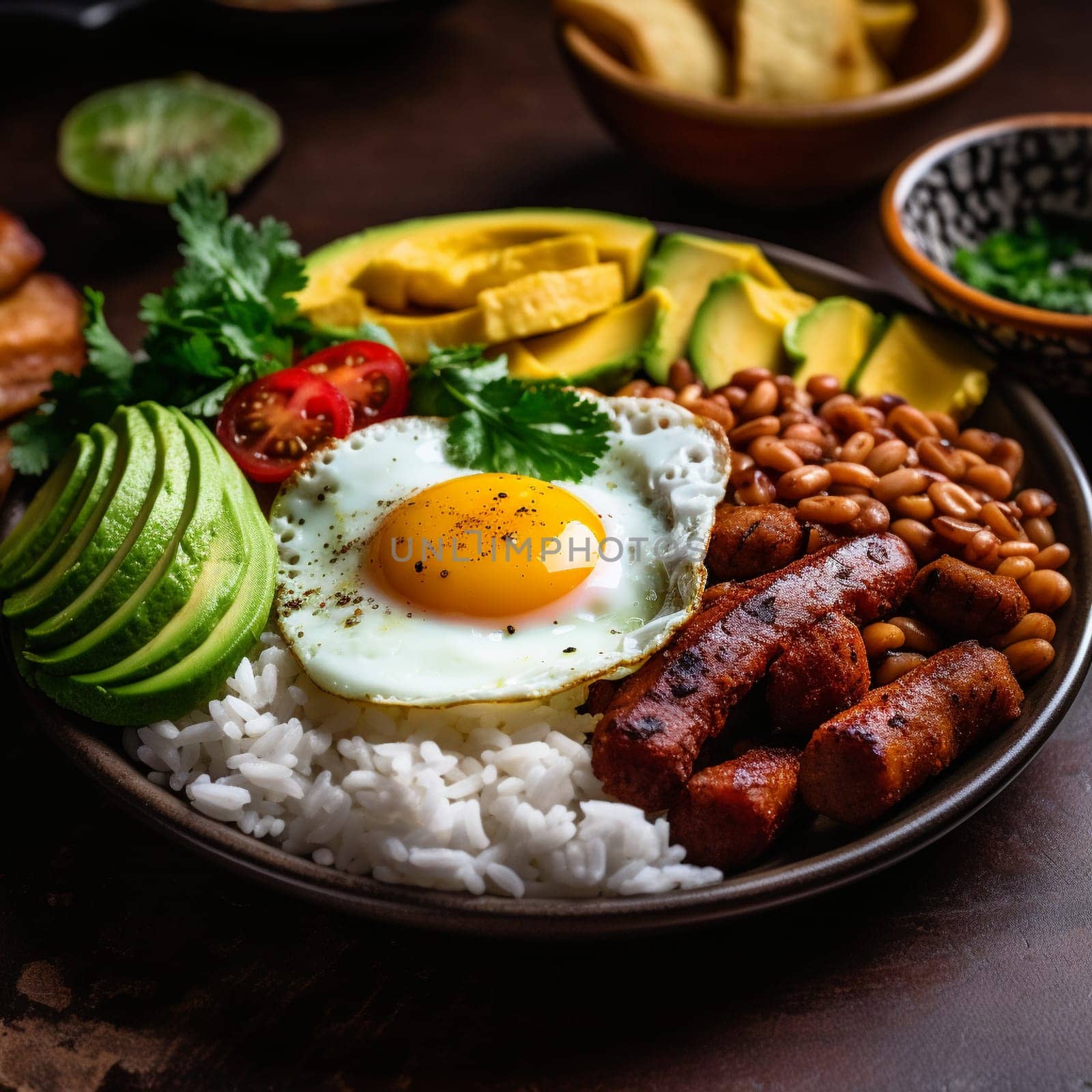 Experience the vibrant flavors and festive atmosphere of a Colombian Bandeja Paisa (mixed platter) in this close-up shot. The dish features a hearty combination of rice, beans, ground meat, chorizo, fried egg, plantains, and avocado, all arranged artfully on a large plate. The dish is garnished with finely chopped cilantro leaves and lime wedges for added freshness. In the background, there's a lively street market scene, with colorful vendors and cheerful music adding to the festive atmosphere. The bright, natural lighting with a reflector enhances the texture and colors of the food, creating a lively and celebratory mood.