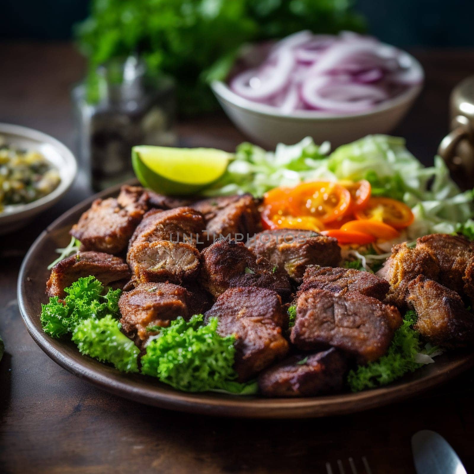 This close-up shot captures the crispy and savory flavors of Haitian Griot, a fried pork dish made with tender and juicy meat marinated in a mixture of citrus juices, garlic, and herbs. In this image, the Griot is served with a side of fried plantains and a simple salad of lettuce and tomatoes. The lively and colorful street food scene in the background adds to the festive atmosphere, with vendors and customers contributing to the vibrant mood. The bright, natural lighting and use of a reflector enhance the texture and colors of the food, creating a lively and festive mood.