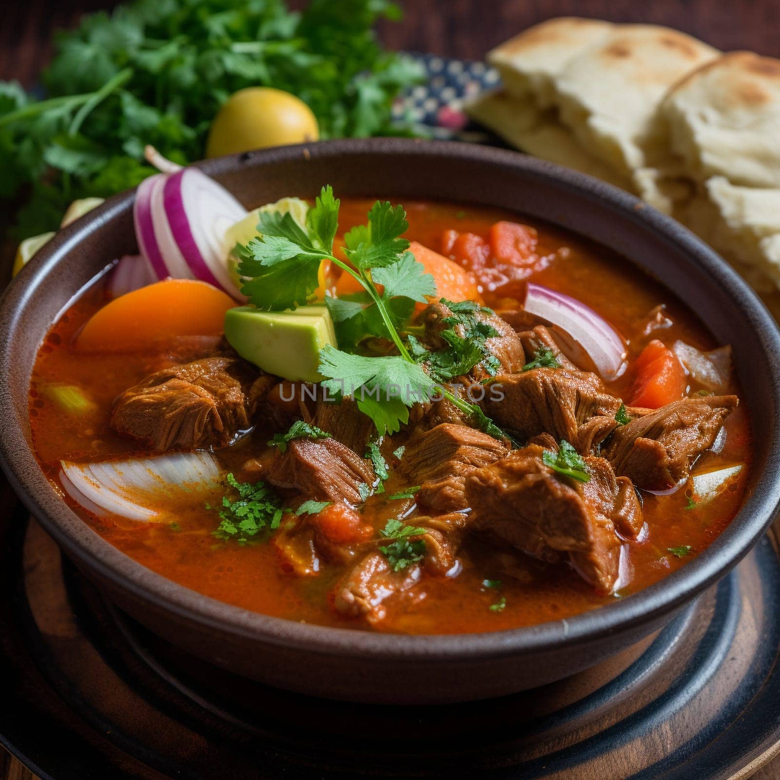 This close-up shot captures the rich and aromatic flavors of Guatemalan Pepian, a meat stew made with tender and flavorful pieces of chicken or beef. The stew is cooked in a sauce made with tomatoes, chilies, and spices such as cumin, coriander, and cinnamon. In this image, the Pepian is served with a side of rice and a simple salad of lettuce and tomatoes. The cozy and inviting outdoor scene in the background adds to the comforting atmosphere, with warm colors and soft lighting enhancing the mood. The warm, diffused lighting and use of a reflector highlight the texture and colors of the food, creating a cozy and comforting mood.