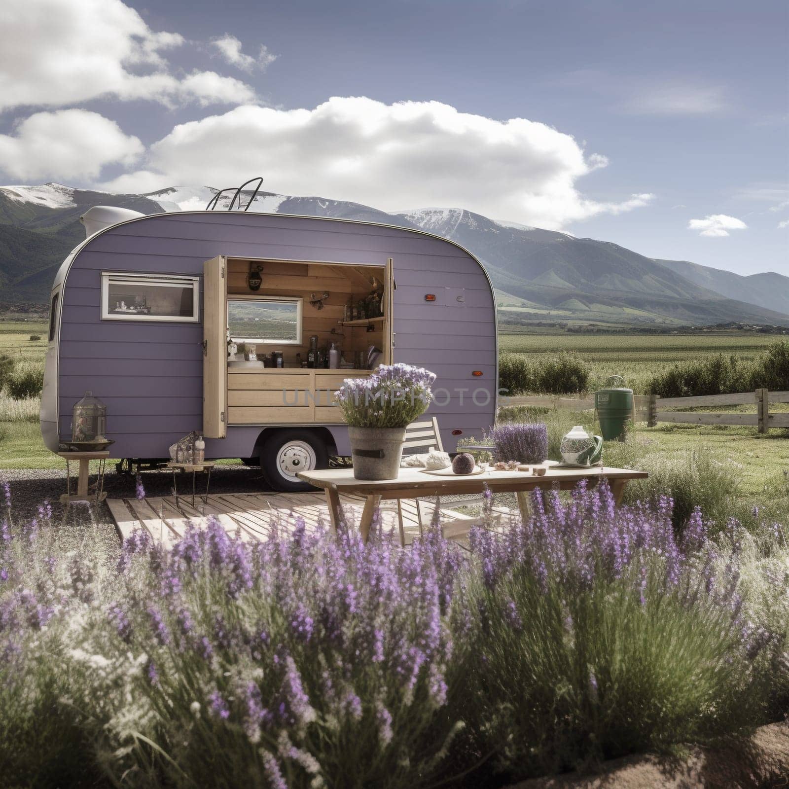 Experience the beauty of lavender with this image of a camper trailer parked in the middle of a blooming lavender field, with a quaint village and a mountain range visible in the background. The trailer's large windows provide stunning views of the lavender fields, creating a peaceful and relaxing atmosphere. A small wooden table and chairs are set up outside the trailer, offering a spot to enjoy a meal with a view, admiring the beauty of the fields and the surrounding landscape. This is the perfect location for a tranquil and romantic getaway, and a memorable experience in nature.