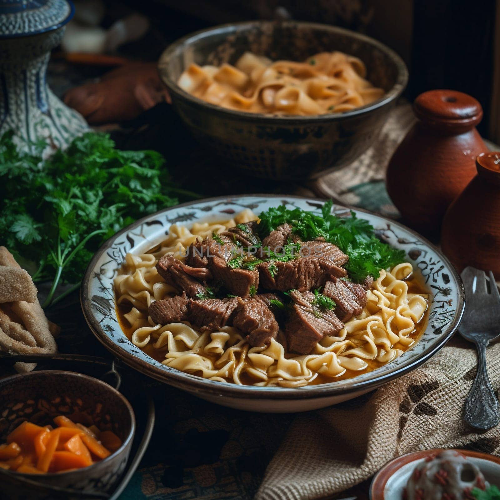 This close-up shot captures the hearty and comforting flavors of Kazakhstani Beshbarmak, a dish made with tender pieces of boiled lamb or beef served over boiled pasta and garnished with fresh herbs and onions. In this image, the Beshbarmak is served with a side of broth or tea and sometimes a salad of fresh vegetables. The cozy and inviting indoor scene in the background adds to the comforting atmosphere, with warm colors and soft lighting enhancing the mood. The warm, diffused lighting and use of a reflector highlight the texture and colors of the food, creating a cozy and comforting mood.