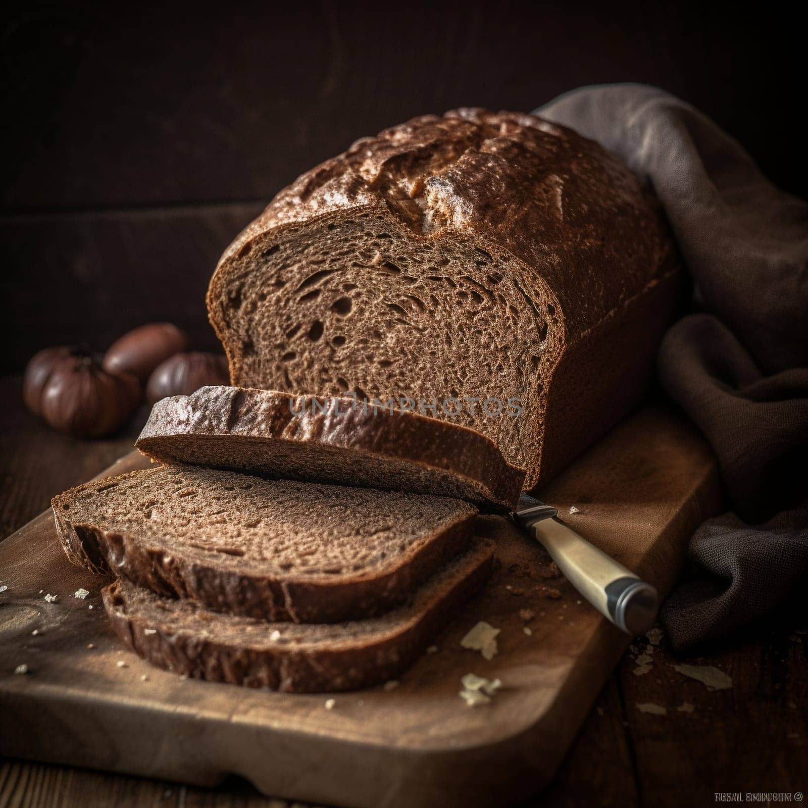This close-up shot captures the rustic and wholesome flavors of Latvian Rye Bread, a dark and dense bread with a rich and earthy flavor and a chewy texture that's perfect for soaking up butter or spreads. In this image, the Rye Bread is served with a side of cheese, adding to the savory taste. The simple and minimalistic indoor scene in the background adds to the rustic atmosphere, with cool colors and soft lighting enhancing the mood. The cool, diffused lighting and use of a reflector highlight the texture and colors of the bread, creating a wholesome and rustic mood.