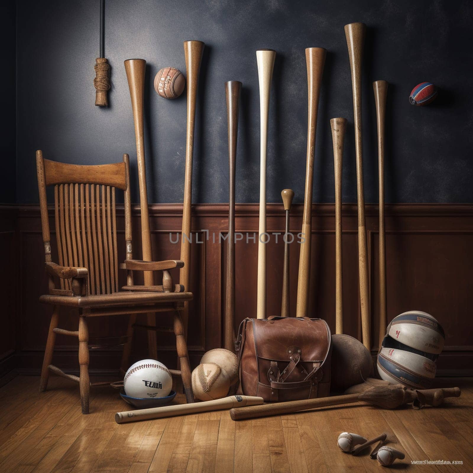 This wooden sports equipment showcase image highlights the versatility of woodworking by showcasing different types of wooden sports equipment, such as baseball bats, hockey sticks, and golf clubs. The proper lighting and composition techniques create a visually engaging scene, showcasing the creativity and skill involved in crafting these functional pieces of equipment.