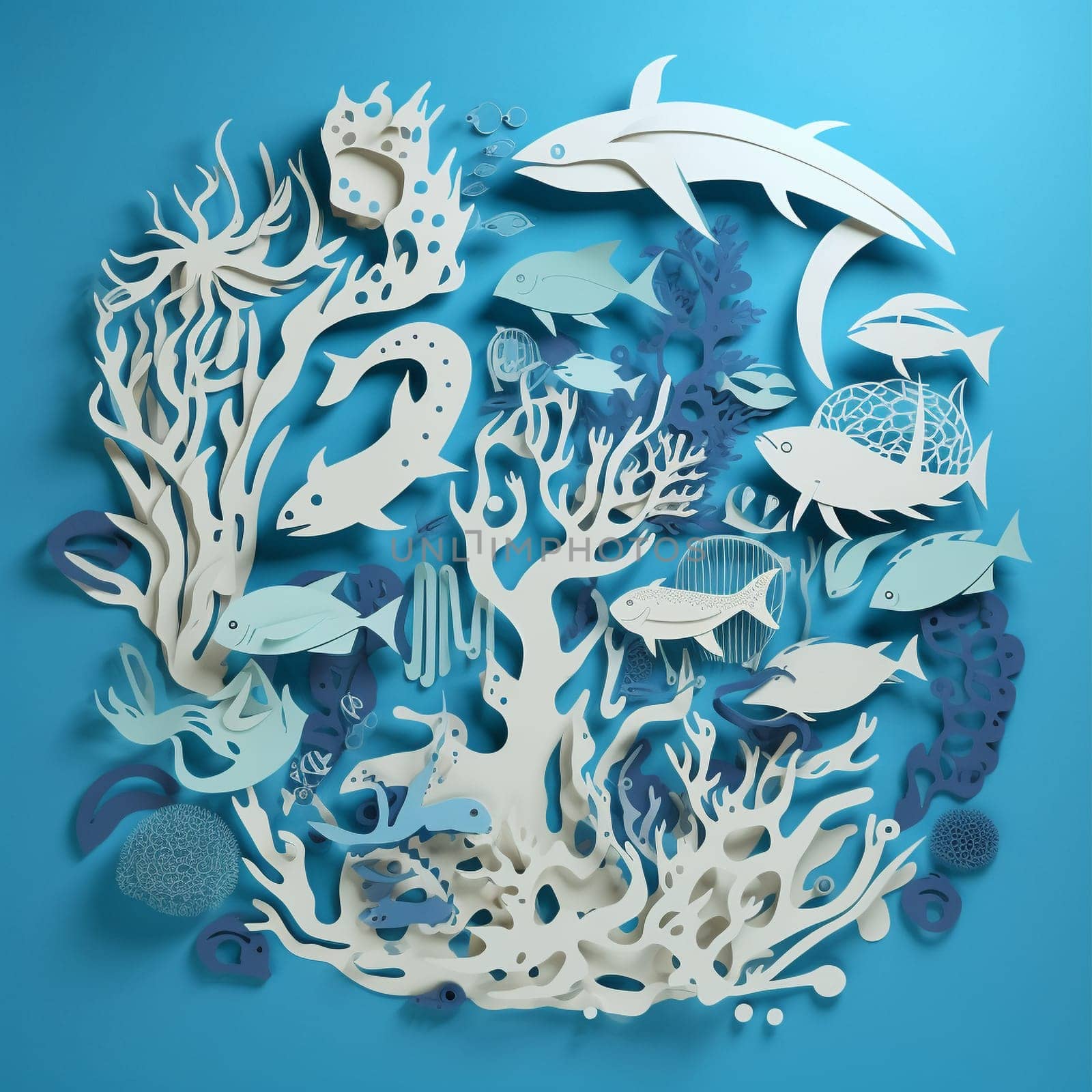 This image features a series of paper cutouts of different types of food arranged in a flowing, organic pattern against a backdrop of a green garden. The overall effect is visually striking and informative, highlighting the importance of sustainable agriculture and reducing food waste.