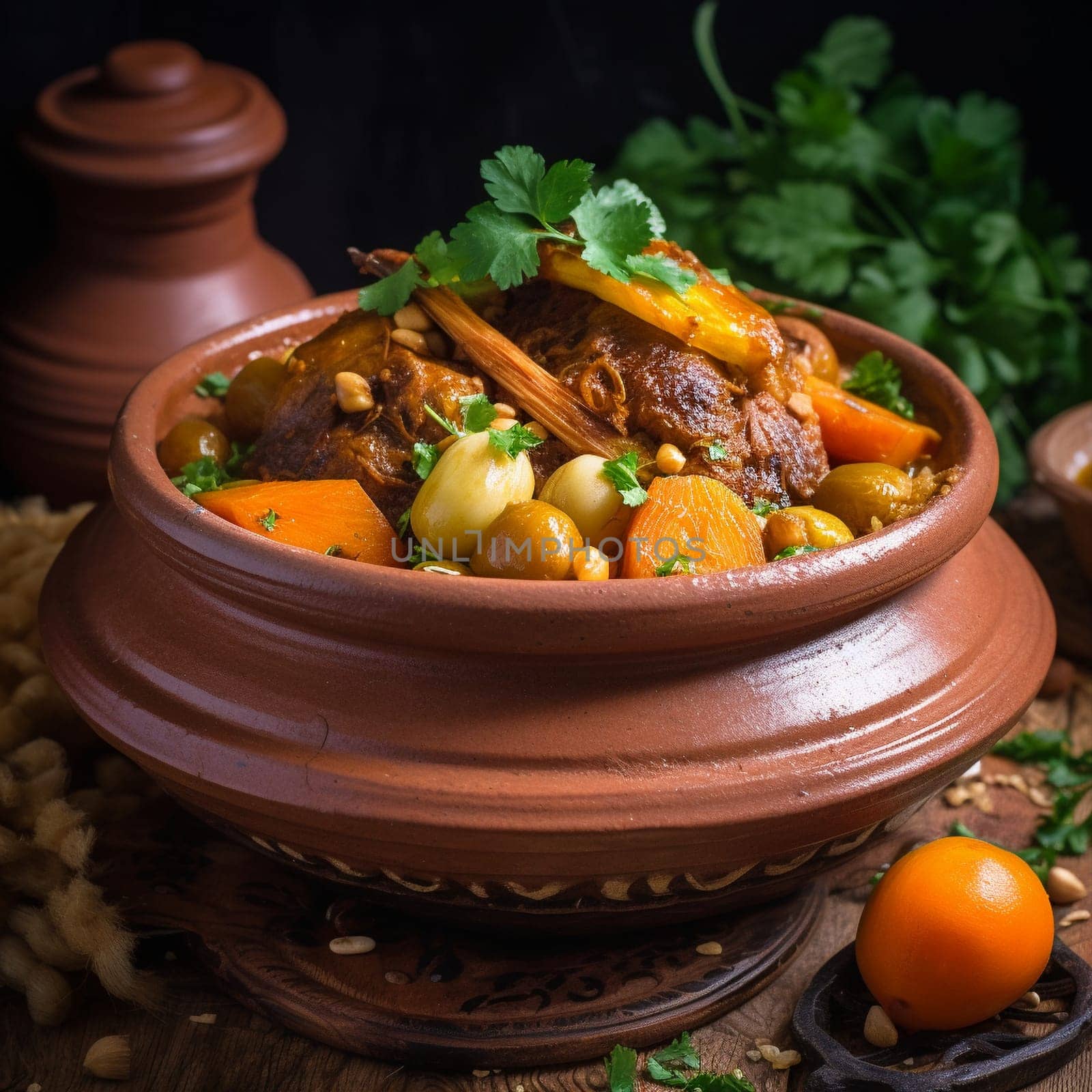 Capture the essence of Moroccan cuisine with this close-up shot of Tagine, a fragrant and flavorful slow-cooked stew. The tender pieces of meat, usually chicken or lamb, are slow-cooked with fragrant spices like cinnamon, saffron, and ginger, and vegetables like onions, carrots, and tomatoes. The tagine is served with a side of fluffy couscous and garnished with fresh herbs and preserved lemons, perfect for a cozy and comforting mood. The warm, diffused lighting and dining room scene enhance the comforting atmosphere.