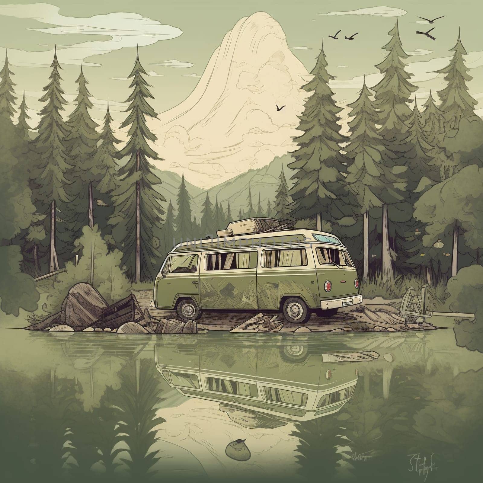 This peaceful image features a camper van parked on the edge of a tranquil forest lake, surrounded by tall trees and a rocky shoreline. The van's exterior is covered in a woodland camo pattern, blending seamlessly into the natural surroundings and providing a sense of harmony and unity with nature. On the shore of the lake, a small fishing boat is visible, suggesting a relaxing day spent fishing and enjoying the serenity of the water. The natural beauty of the area is on full display, with the lush trees and tranquil lake creating a soothing and calming atmosphere.