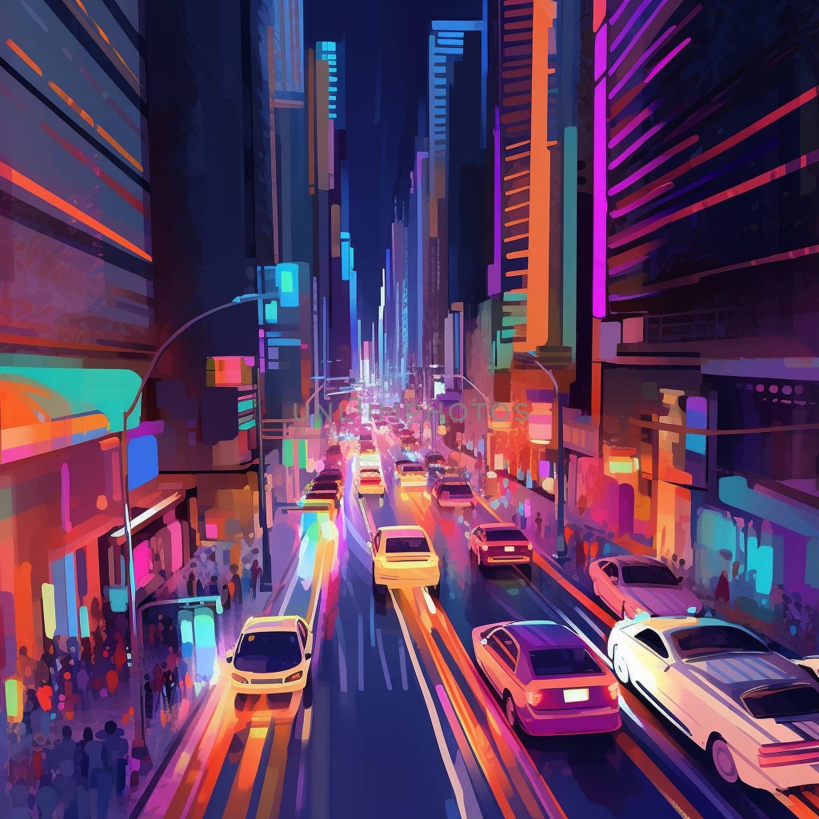Get ready to experience the energy and excitement of the city with this exciting, vibrant cityscape featuring a sense of movement. Skyscrapers, streets, and other urban features are set against bright lights and bold colors. There's a sense of dynamism and excitement as people and vehicles move through the scene, creating a feeling of life and vibrancy.