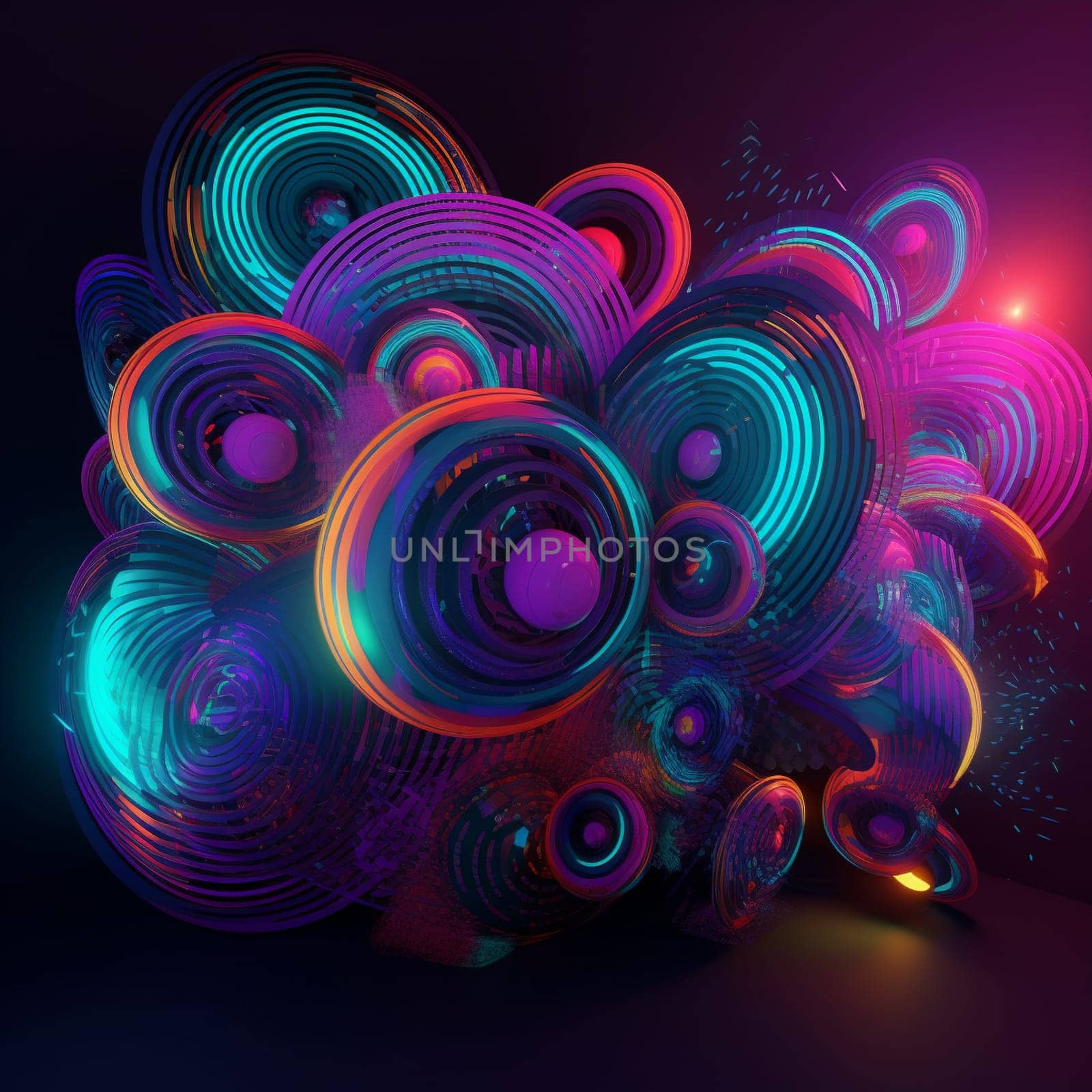 This abstract wallpaper features a series of swirling, circular patterns, all rendered in neon colors. The circles overlap and blend together, creating a sense of movement and energy.