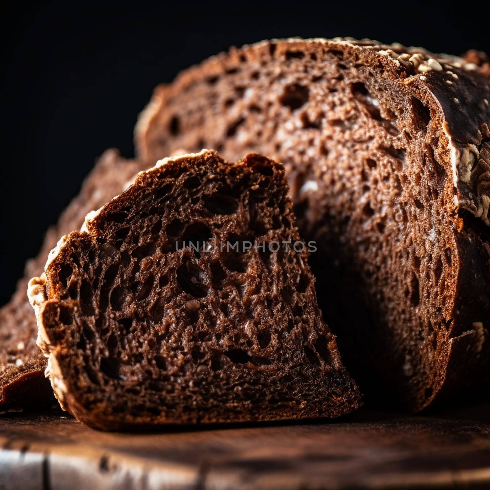 This close-up shot captures the rustic and wholesome flavors of Latvian Rye Bread, a dark and dense bread with a rich and earthy flavor and a chewy texture that's perfect for soaking up butter or spreads. In this image, the Rye Bread is served with a side of cheese, adding to the savory taste. The simple and minimalistic indoor scene in the background adds to the rustic atmosphere, with cool colors and soft lighting enhancing the mood. The cool, diffused lighting and use of a reflector highlight the texture and colors of the bread, creating a wholesome and rustic mood.