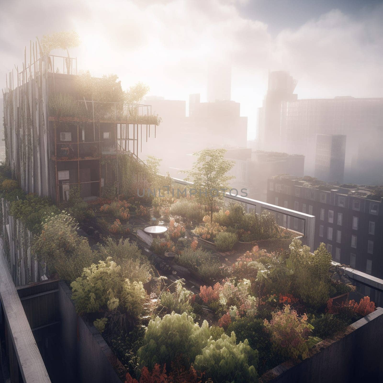 This image captures the ethereal and dreamlike quality of urban gardening, showing a rooftop garden located high above the city streets, shrouded in mist and clouds. The image conveys a sense of wonder and magic, highlighting the potential for urban gardening to create a peaceful and serene oasis above the chaos of city life.
