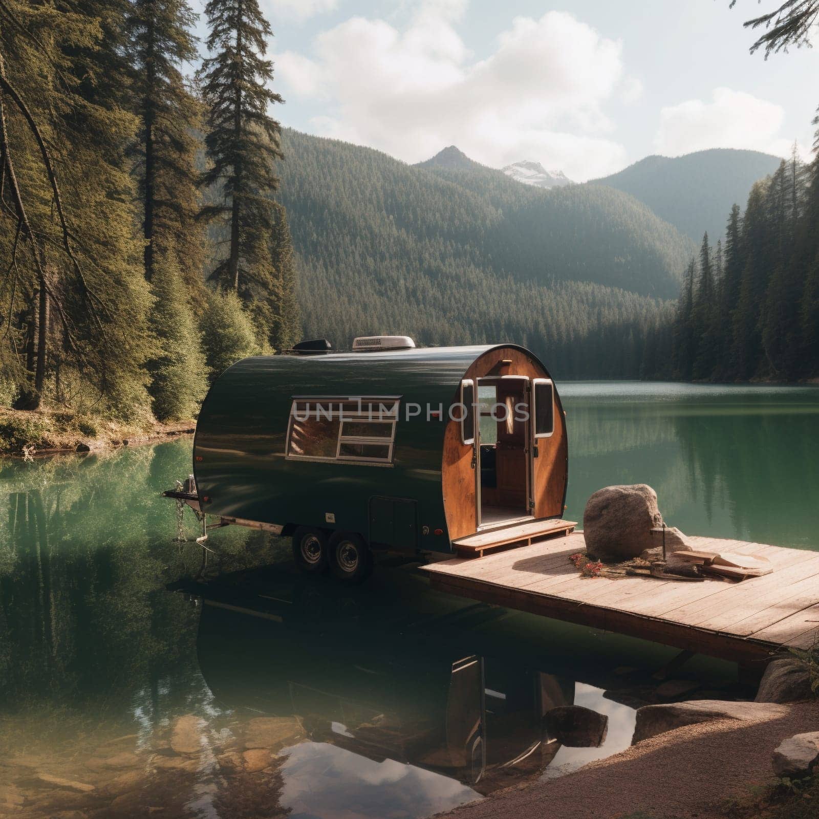 This stunning image features a camper trailer parked on the edge of a serene lake, surrounded by a dense forest and a mountain range visible in the background. The trailer's large windows provide stunning views of the lake and the surrounding scenery, bringing the beauty of nature indoors. A small boat dock extends from the shore, offering a convenient spot to launch a kayak or paddleboard and explore the tranquil waters. Outside the trailer, a small campfire is visible, providing a cozy and inviting spot to gather around and enjoy the peacefulness of the evening.