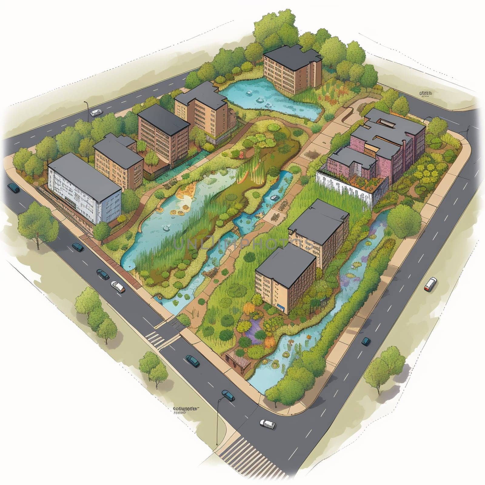 This image depicts a development project that incorporates water-friendly land use practices such as green roofs, permeable pavement, and rain gardens. It highlights the role of land use planning in water conservation. Land use planning plays a critical role in protecting water resources and promoting sustainable development. Water-friendly land use practices such as green roofs, permeable pavement, and rain gardens can help to reduce stormwater runoff and preserve water quality. By promoting water-friendly land use practices, this image encourages viewers to take action to protect water resources and promote sustainable development. This image represents the potential for land use planning to create positive change and promote environmental stewardship.