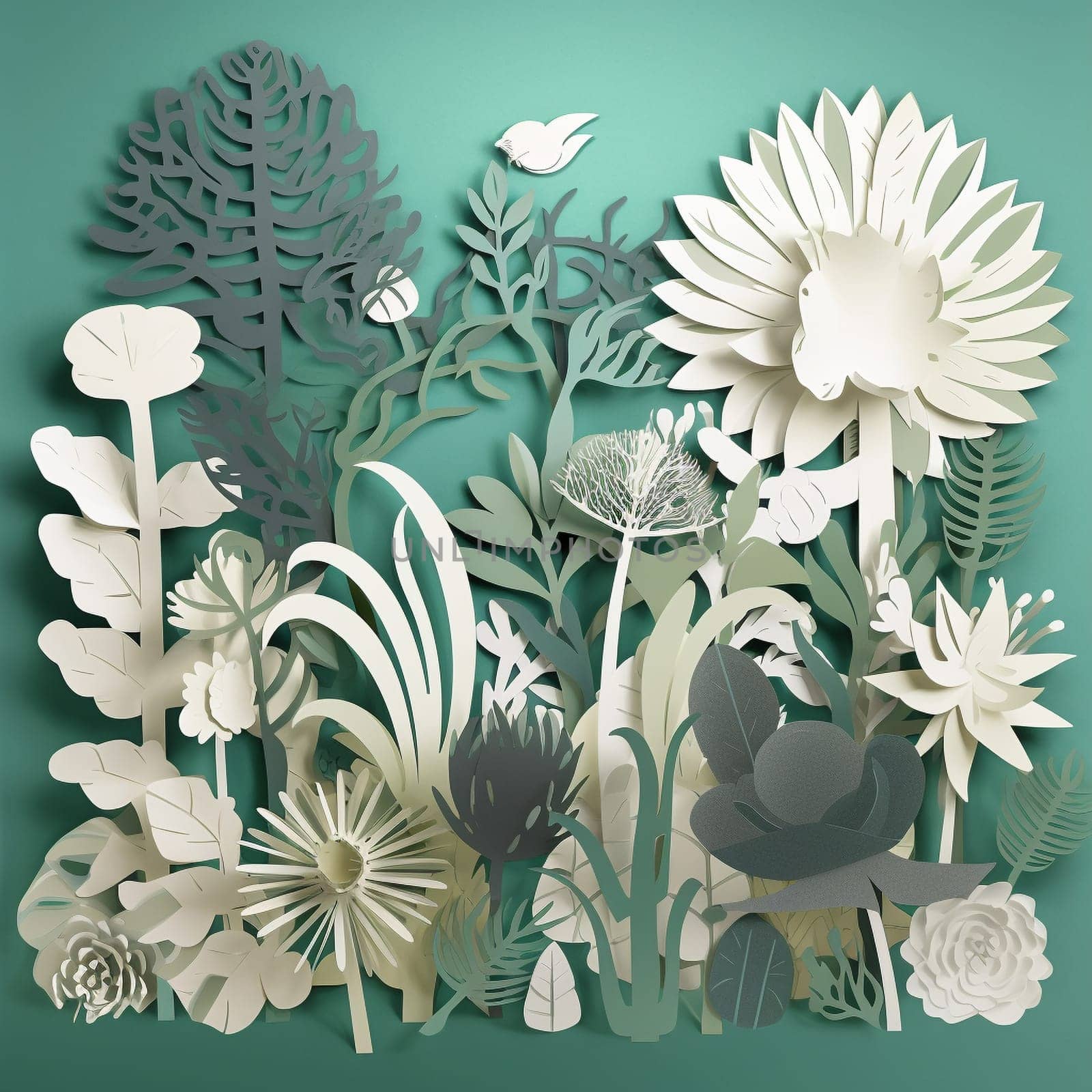 This image features a series of paper cutouts of different types of food arranged in a flowing, organic pattern against a backdrop of a green garden. The overall effect is visually striking and informative, highlighting the importance of sustainable agriculture and reducing food waste.