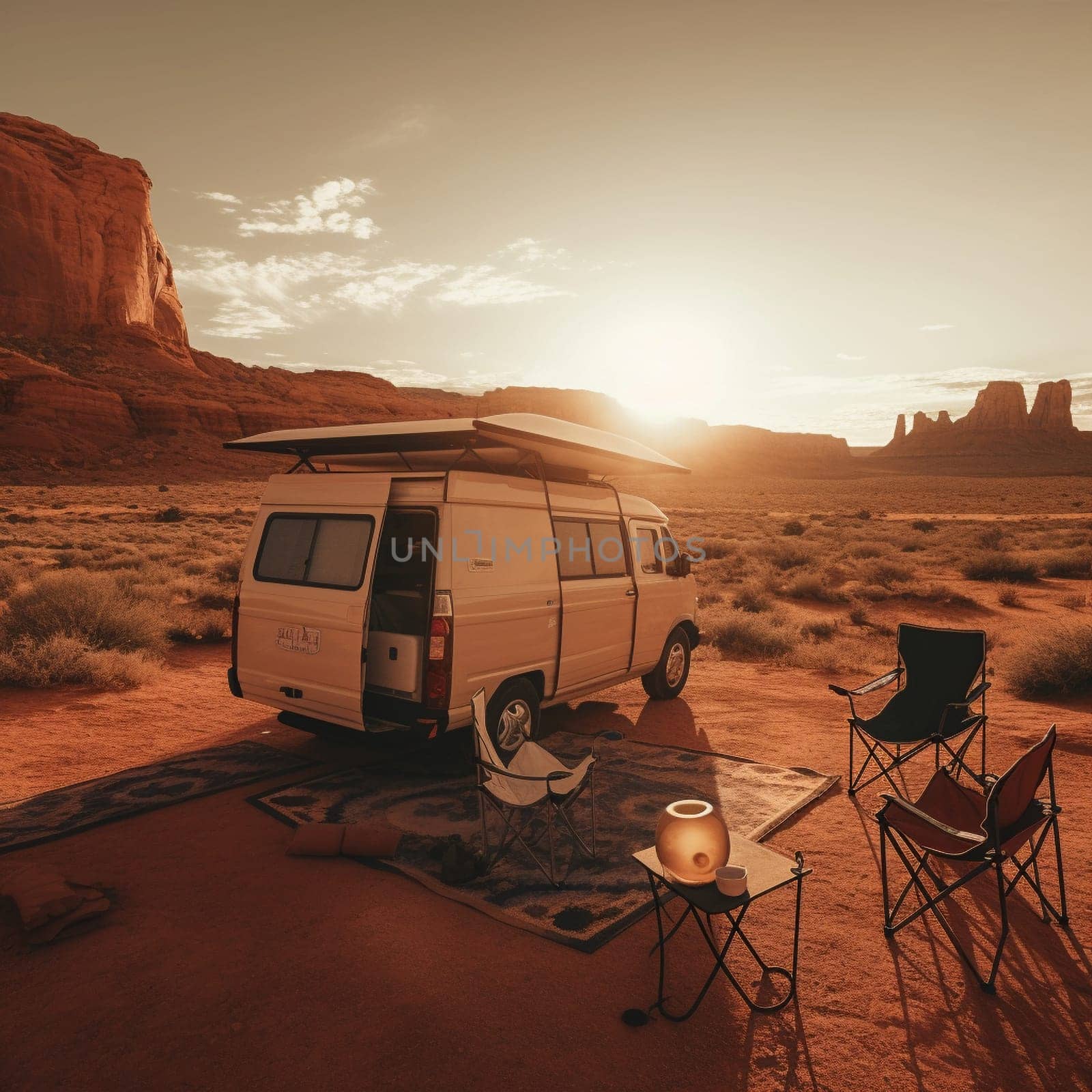 Experience the beauty of the desert with this image of a camper van parked on the edge of a desert canyon, with red rock formations visible in the distance. The van's exterior is covered in dust, bearing the mark of the adventure, and a set of solar panels are visible on the roof, powering the van's amenities. A pair of camp chairs are set up outside the van, offering a peaceful spot to watch the sunset over the canyon, creating an unforgettable moment. This is the perfect location for a wild adventure and a peaceful escape.