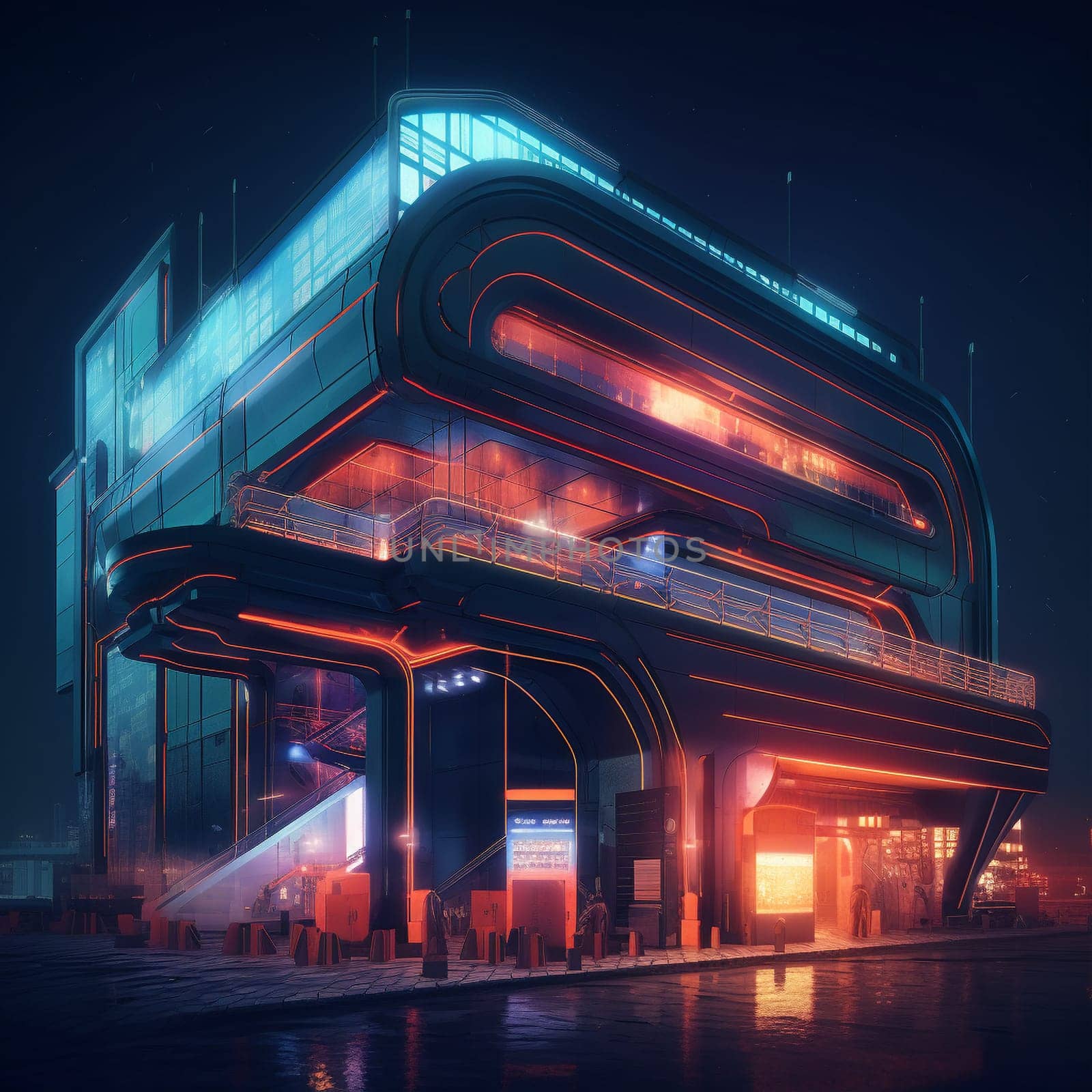 This image depicts a futuristic train station at night, with sleek, modern architecture and neon lights glowing along the edges of the building. The station is set against a dark, starry sky, creating a sense of movement and energy. The overall effect is both dynamic and sophisticated, with a strong emphasis on design and technology.