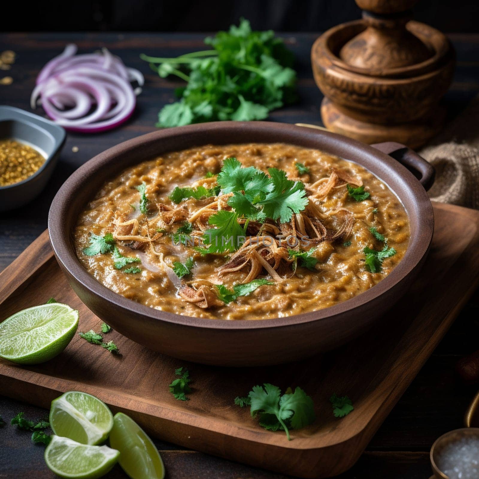 Close-up of Pakistani Haleem (meat and lentil stew) with Paratha Bread by Sahin
