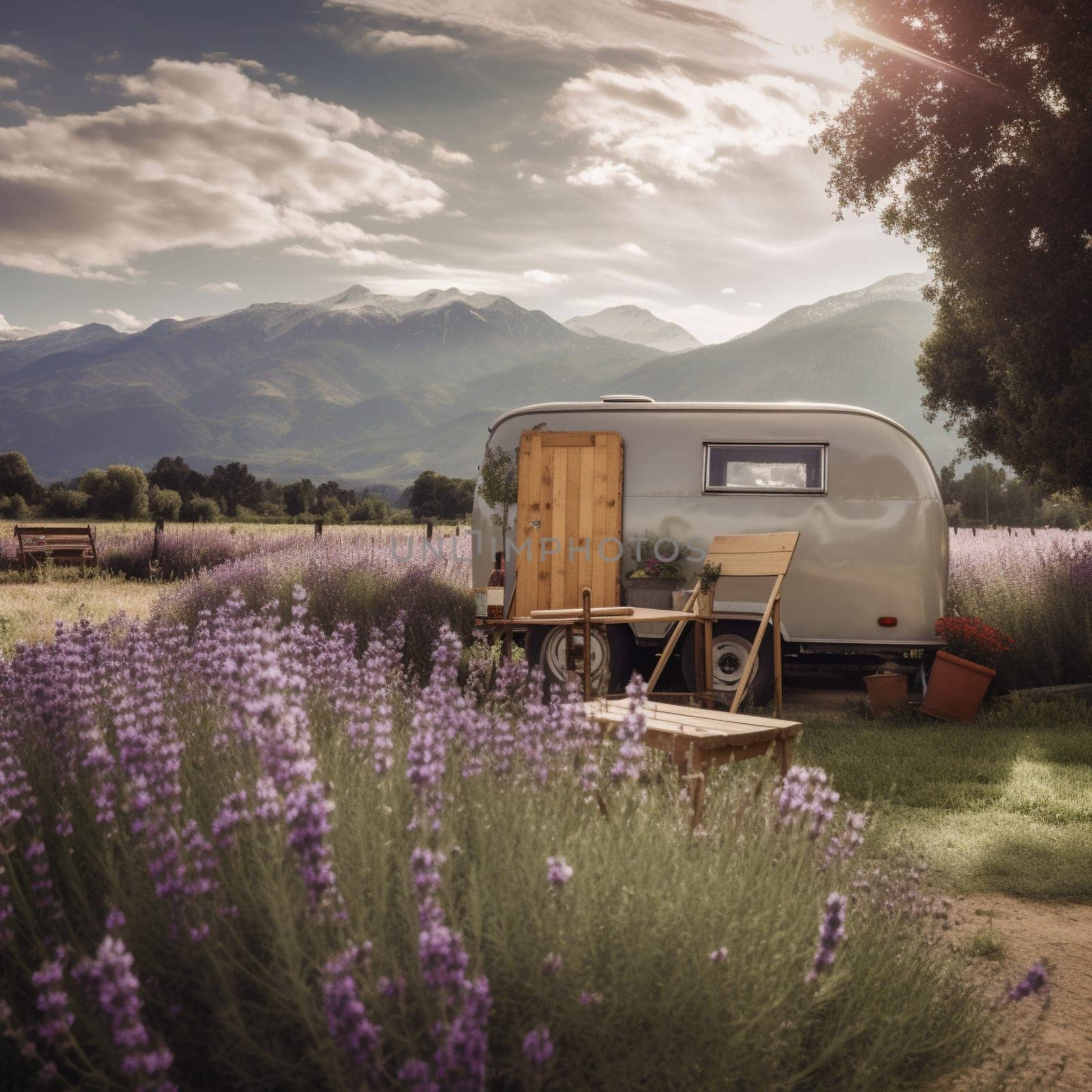 Experience the beauty of lavender with this image of a camper trailer parked in the middle of a blooming lavender field, with a quaint village and a mountain range visible in the background. The trailer's large windows provide stunning views of the lavender fields, creating a peaceful and relaxing atmosphere. A small wooden table and chairs are set up outside the trailer, offering a spot to enjoy a meal with a view, admiring the beauty of the fields and the surrounding landscape. This is the perfect location for a tranquil and romantic getaway, and a memorable experience in nature.