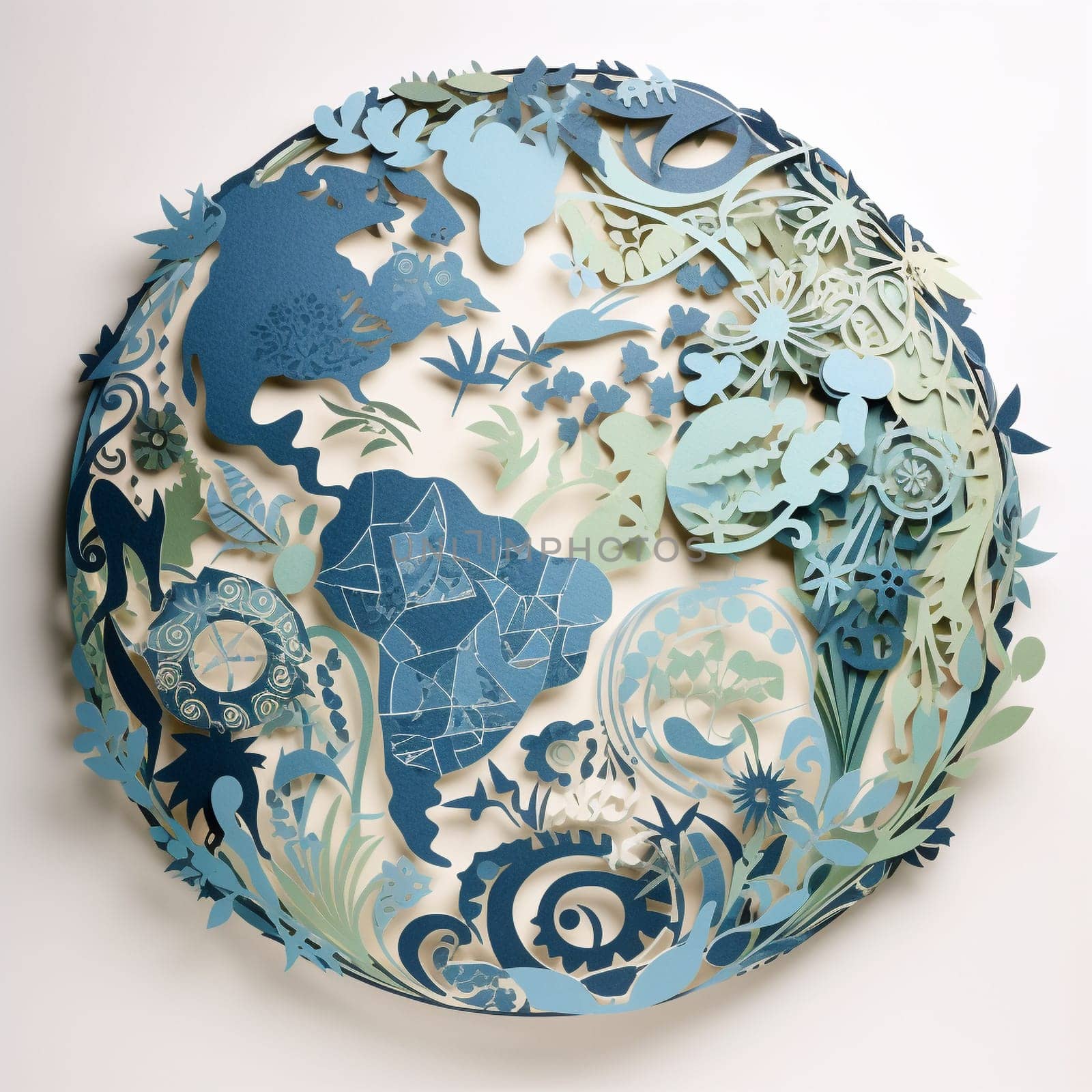 This image features a paper cutout of a globe rendered in shades of blue and green, surrounded by a variety of other environmental cutouts arranged in a flowing, organic pattern. The overall effect is visually striking and informative, highlighting the importance of protecting our planet and its resources.