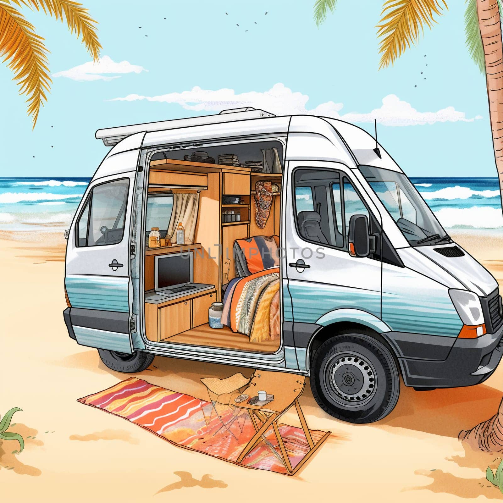 Escape to the beach with this image of a converted sprinter van parked on a sandy beach, with a calm ocean and a palm tree visible in the background. The van's interior is bright and colorful, creating a fun and playful atmosphere. Relax on the comfortable bed or cook up a meal in the small but functional kitchen. A set of beach chairs and an umbrella are set up outside the van, inviting you to sit back and enjoy the sun and the sound of the waves. This is the perfect location for anyone seeking a fun and relaxing beach getaway.