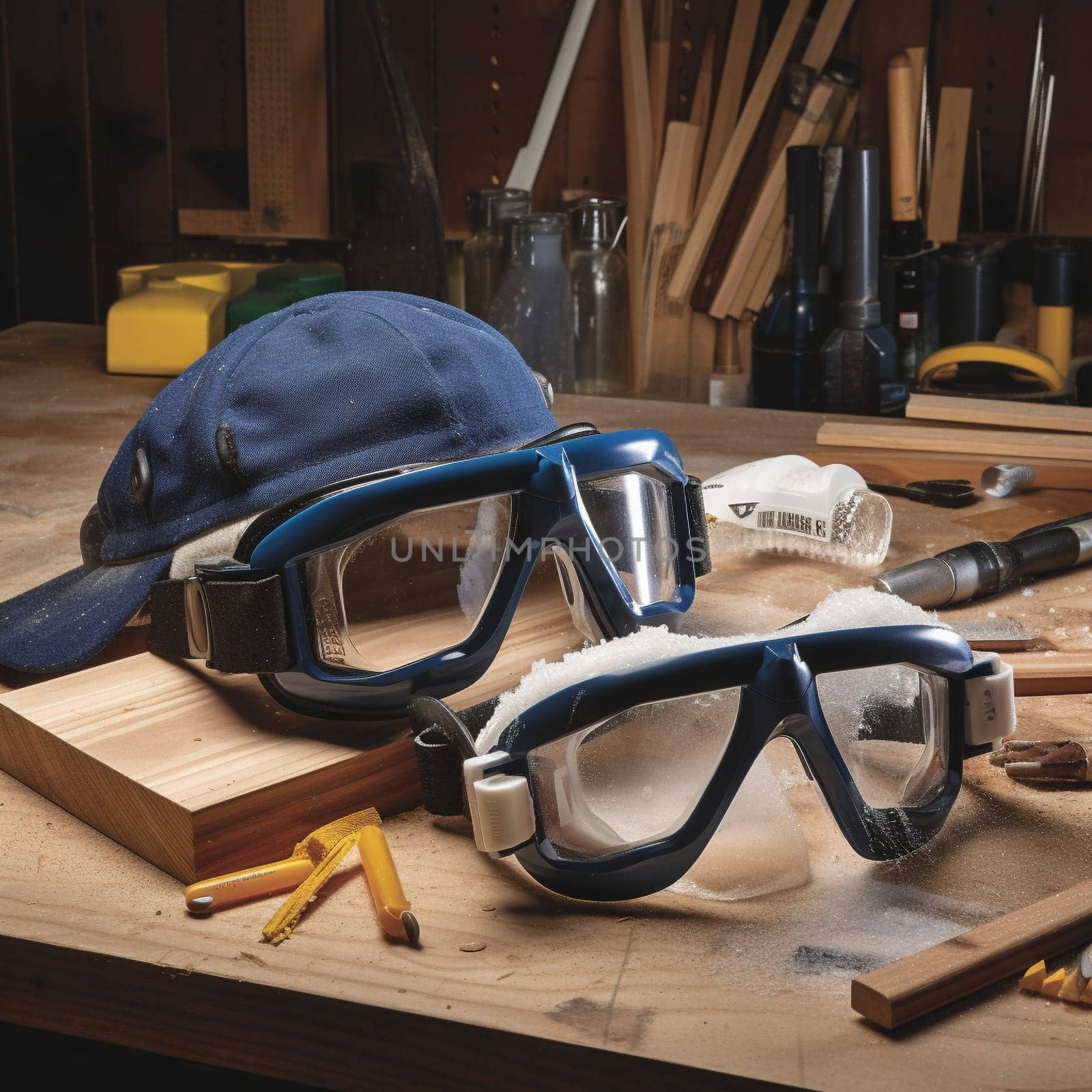 This woodworking safety equipment showcase image highlights the importance of safety in woodworking by showcasing different safety equipment such as goggles, masks, and earplugs. The proper lighting and composition techniques emphasize the importance of safety in the woodworking process, showcasing the necessary precautions that must be taken to protect oneself when working with wood.
