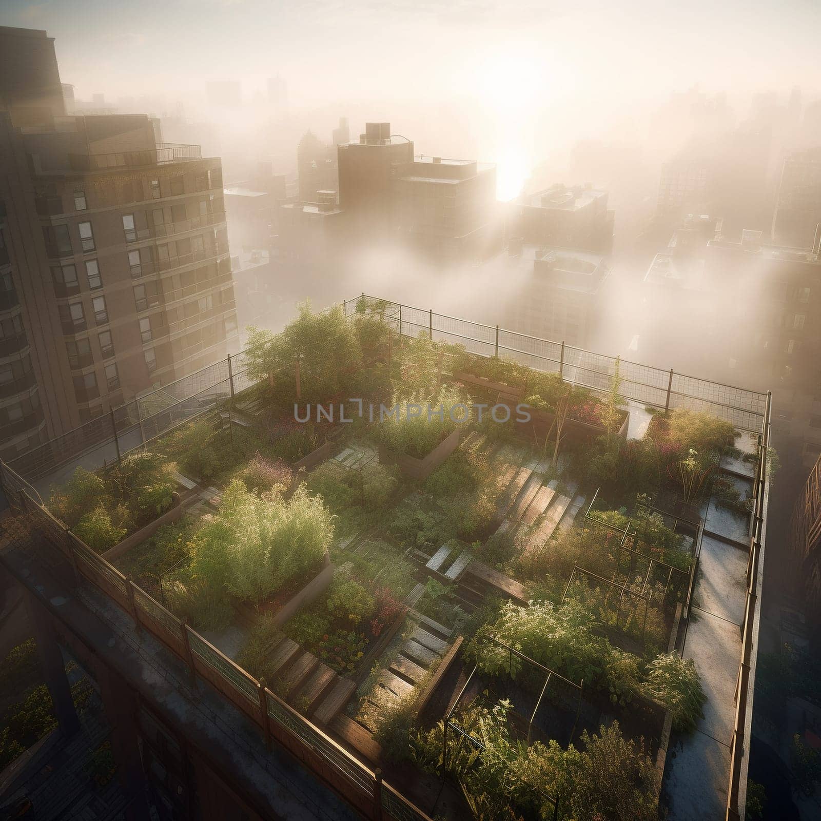 This image captures the ethereal and dreamlike quality of urban gardening, showing a rooftop garden located high above the city streets, shrouded in mist and clouds. The image conveys a sense of wonder and magic, highlighting the potential for urban gardening to create a peaceful and serene oasis above the chaos of city life.