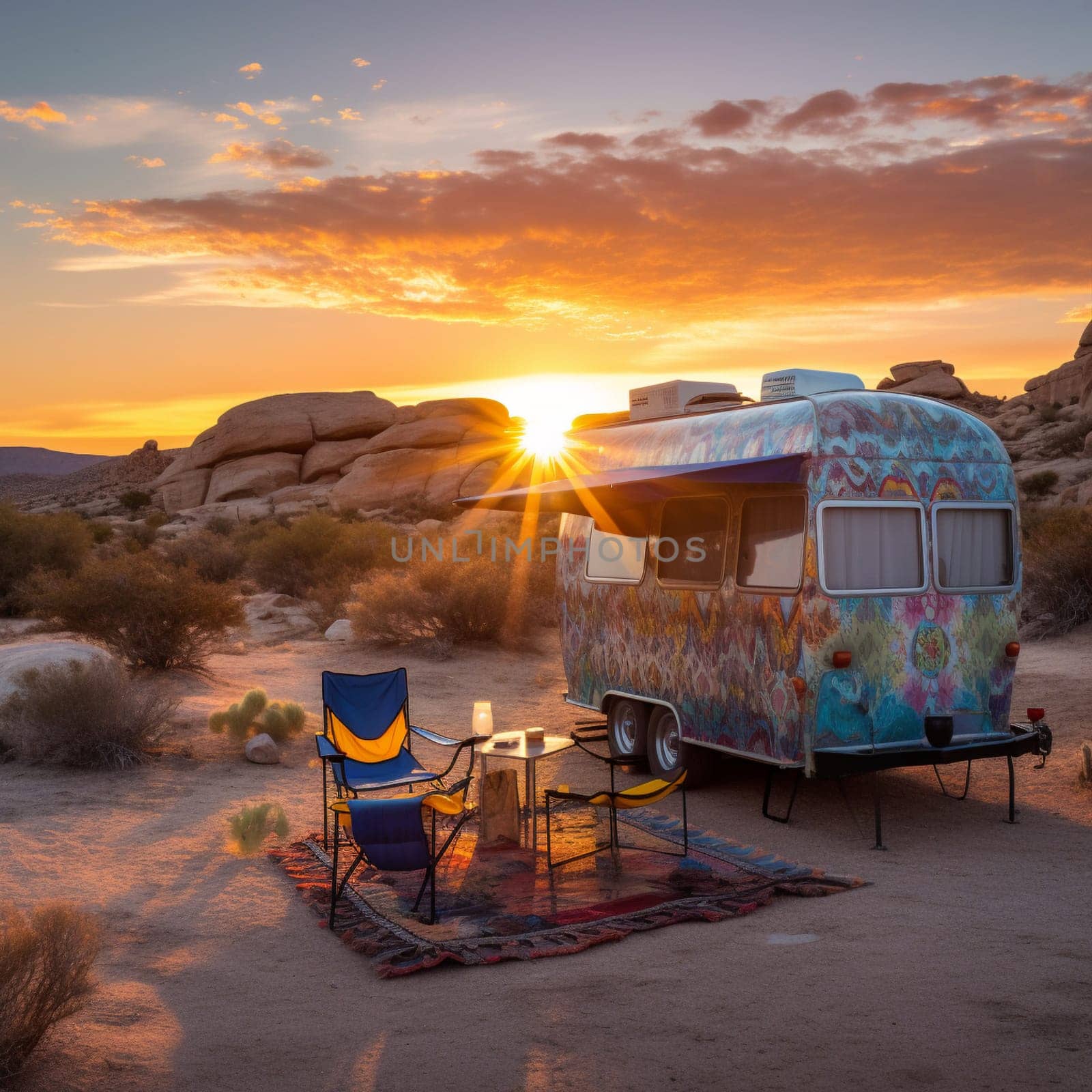 This breathtaking image features a vintage camper trailer parked on the edge of a rocky desert landscape, with a stunning sunrise visible in the background. The trailer's exterior is painted with a colorful southwestern pattern, giving it a unique and charming appearance. Outside the trailer, a small campfire is visible, providing a cozy spot to relax and enjoy the beauty of the surrounding area. A set of camping chairs and a small table are set up outside the trailer, offering a comfortable spot to watch the sunrise and start the day off right.