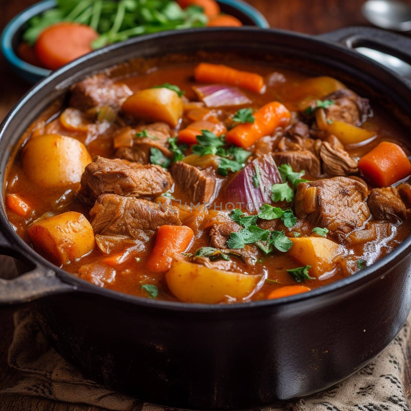 Capture the comforting and flavorful essence of Namibian Potjiekos, a slow-cooked meat and vegetable stew featuring tender pieces of beef or game meat, potatoes, carrots, and onions in a rich and savory broth. Served with maize porridge or bread, this dish is a staple of Namibian cuisine. Use a 50mm prime lens on a full-frame camera to capture a close-up shot of the Potjiekos, highlighting its texture and warm colors in a rustic outdoor scene with soft, warm lighting.